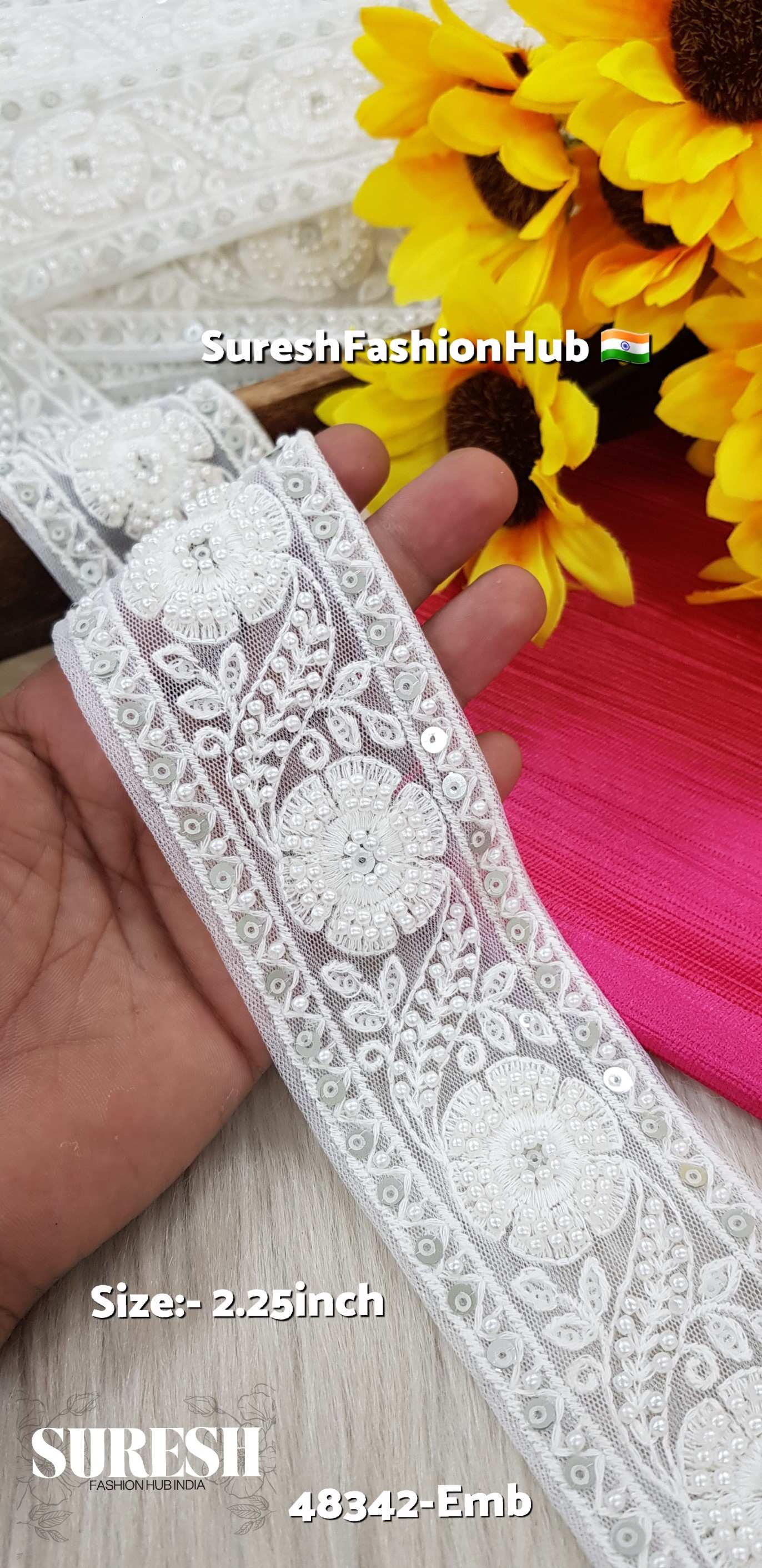 White Floral Pearl Embroidery Lace – 48342-Emb