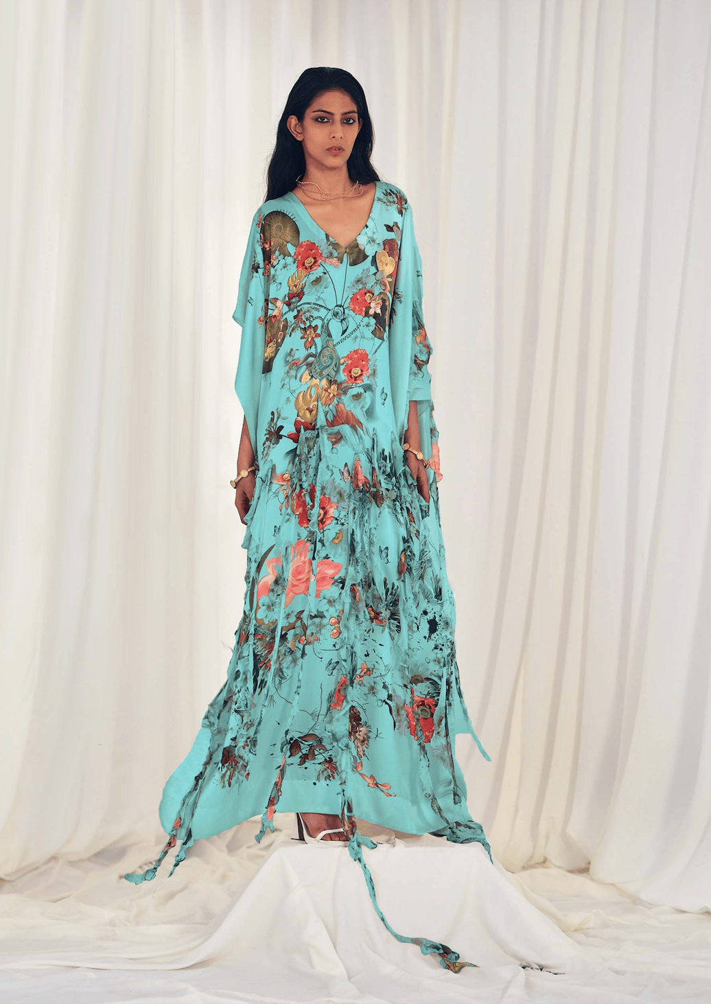 PRINTED SILK KAFTAN WITH RUFFLES