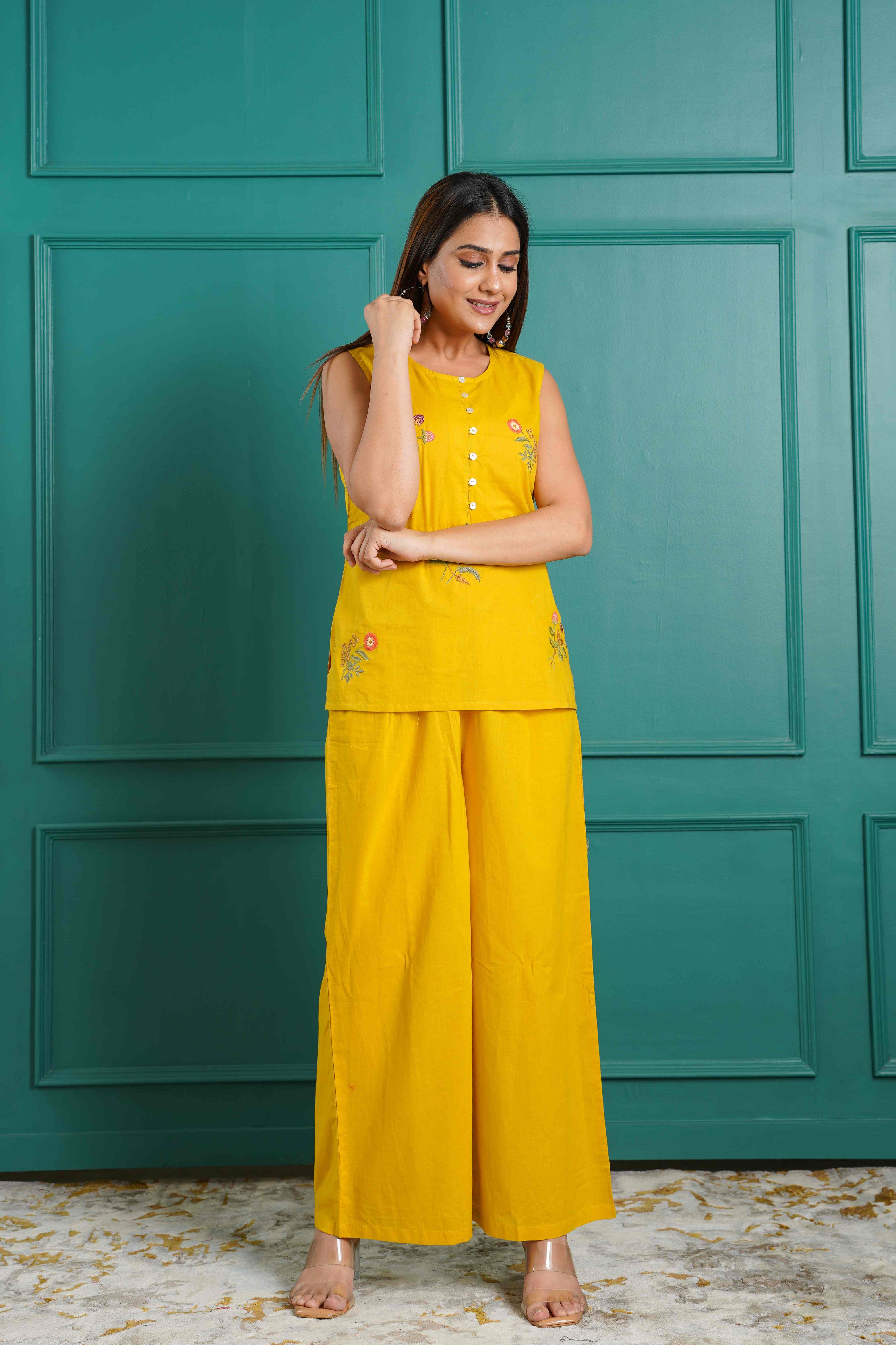 MUSTARD FLORAL EMBROIDERED COTTON CO-ORD SET