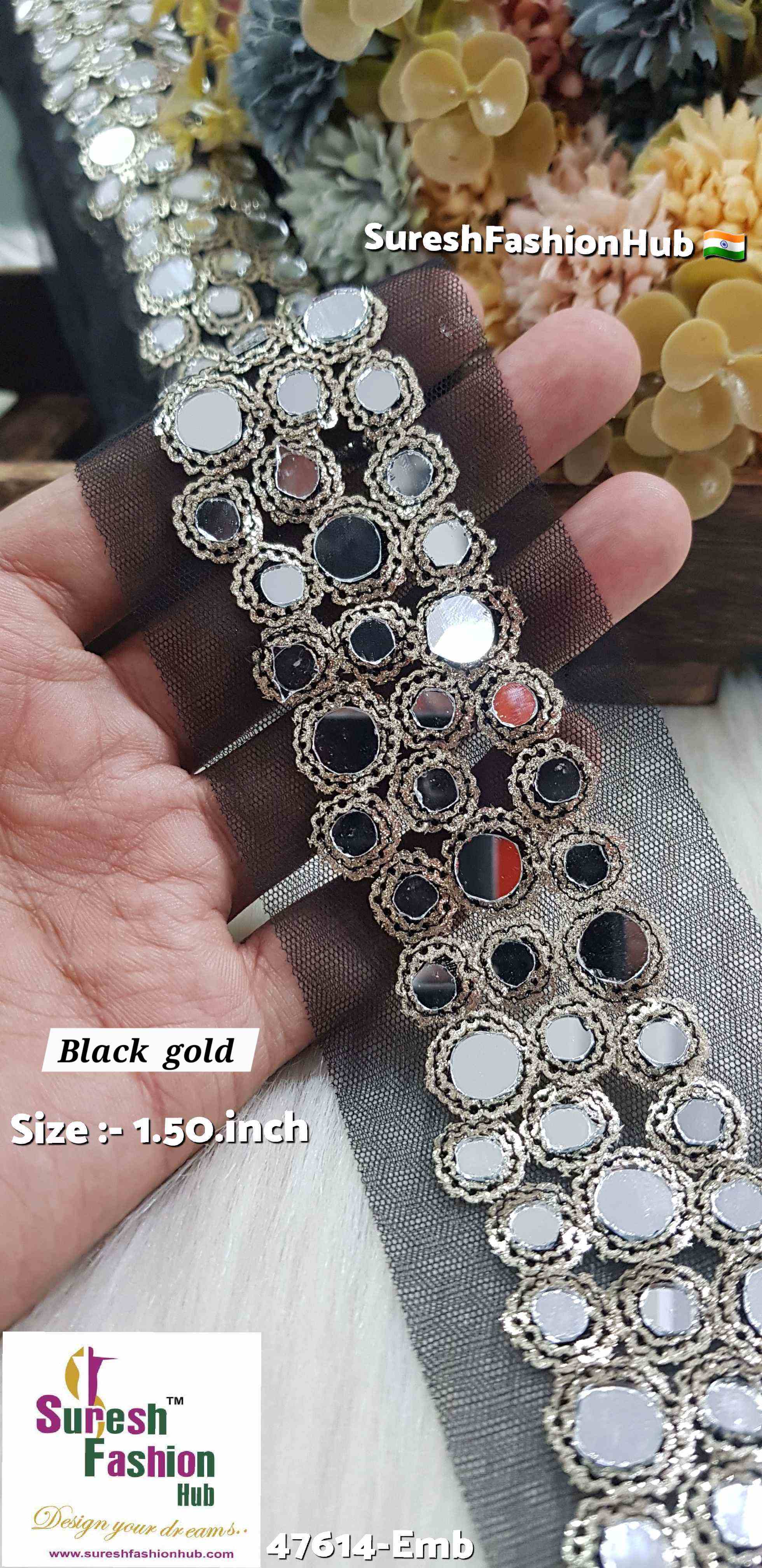Mirrored Black Gold Sequins Net Embroidery