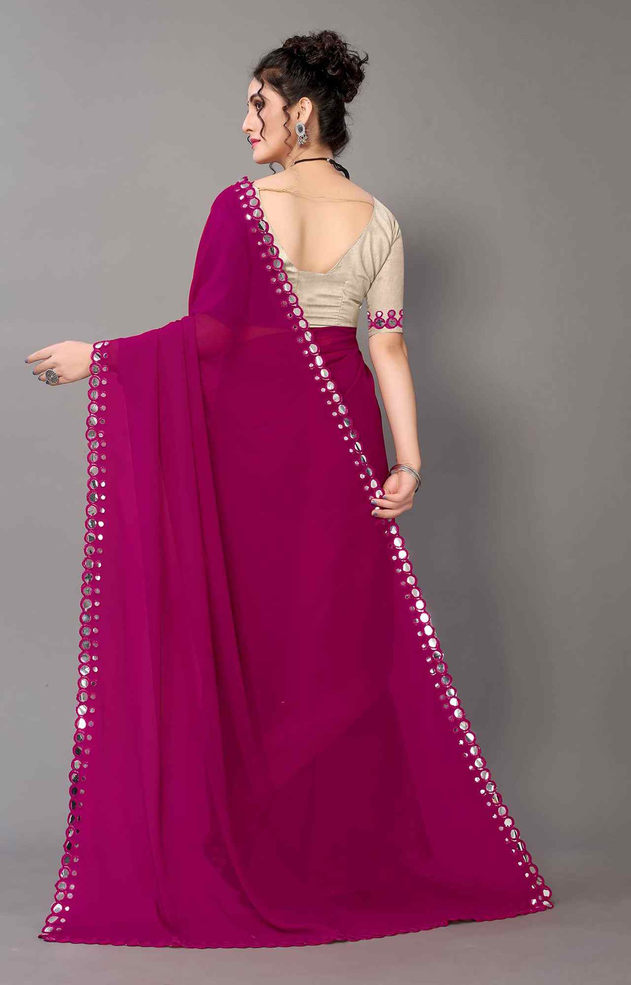 Women Magenta Solid Georgette Saree with Mirror Work Border - HA_VASTRA_MGNTA