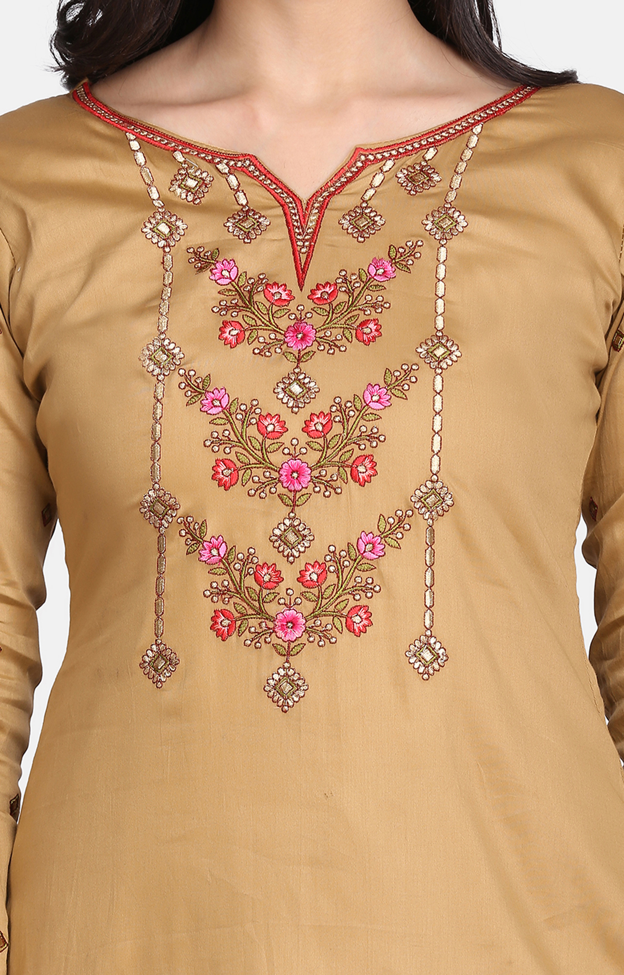 Beige Color Cotton Embroidered Unstitched Dress Material-FL_PANKHUDI1097_DM