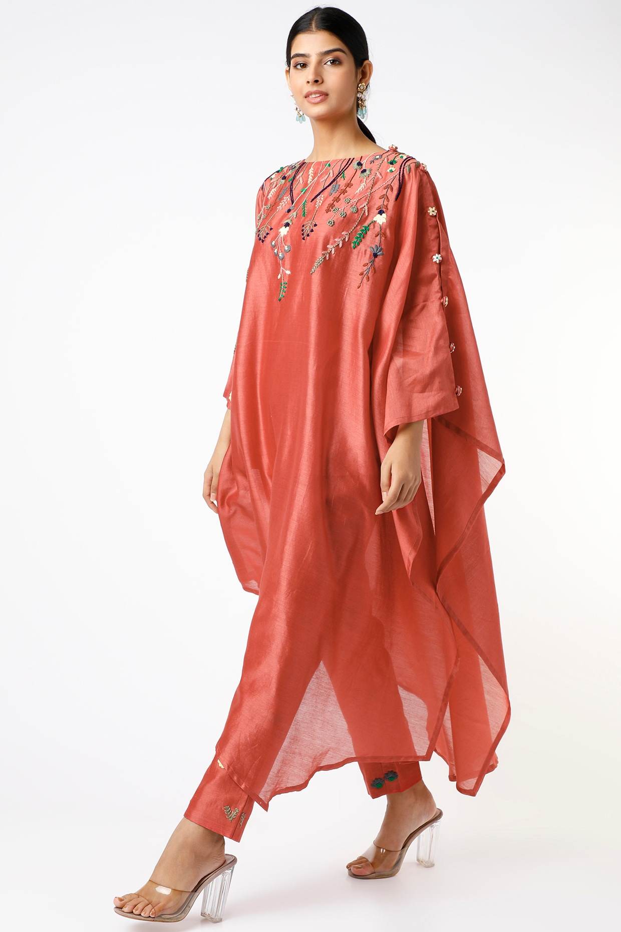 Rust Embroidered kaftan Kurta Set