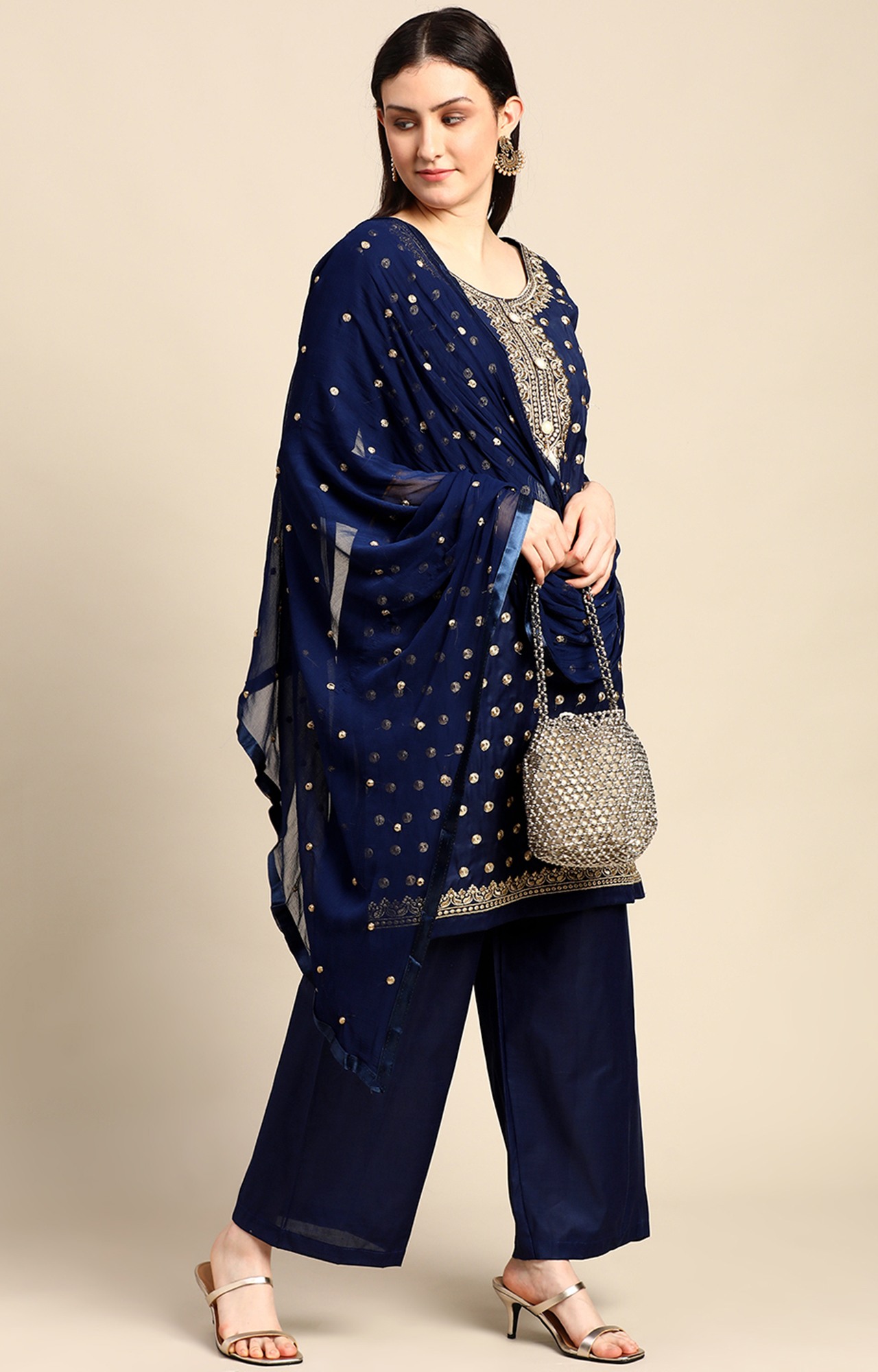 Shaily Women Navy Blue Color Cotton Embroidered With Tessels Unstitched Dress Material-VF_JALGALU_NBLU_DM