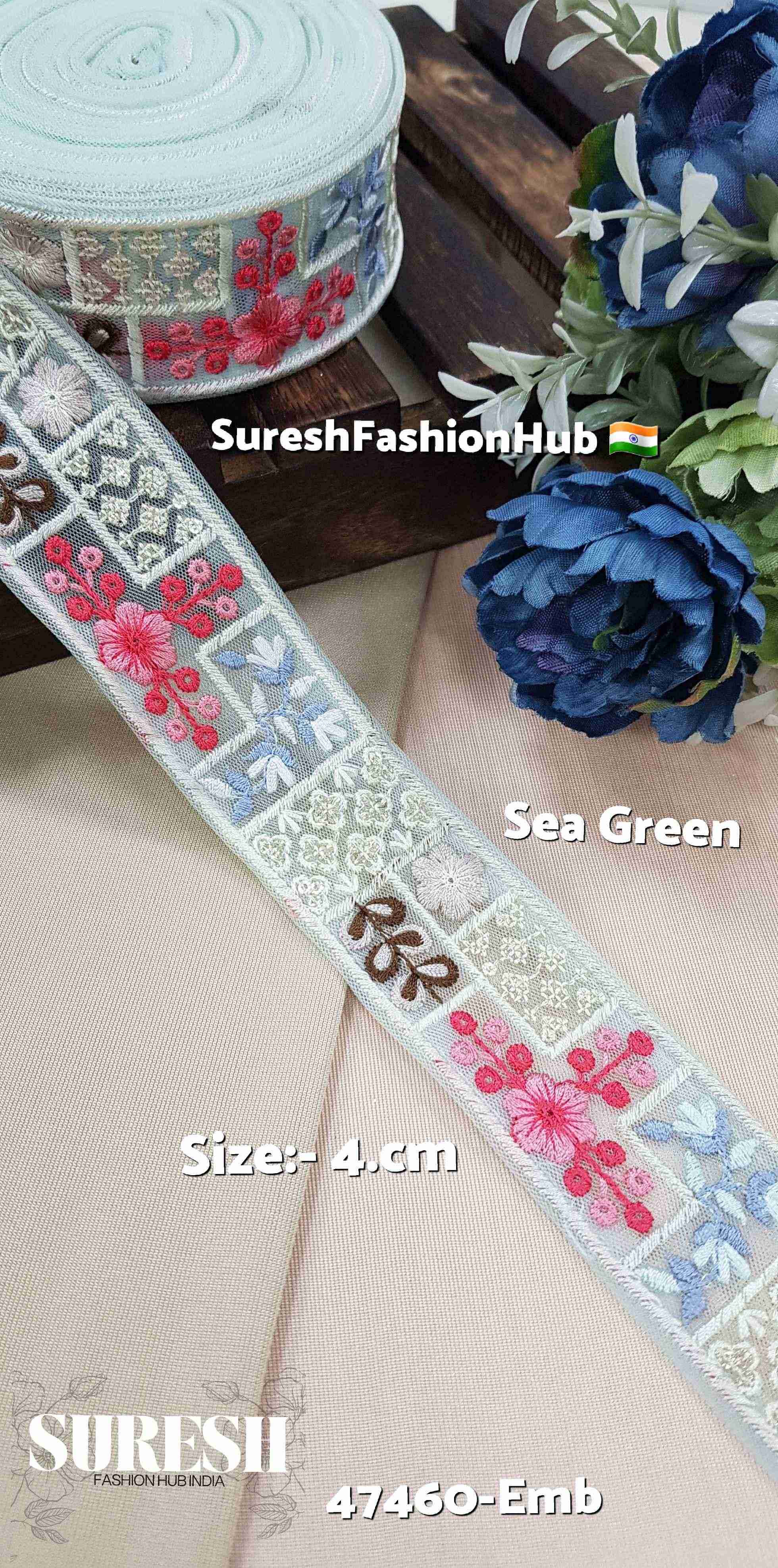 Sea Green Embroidered Floral Net Lace