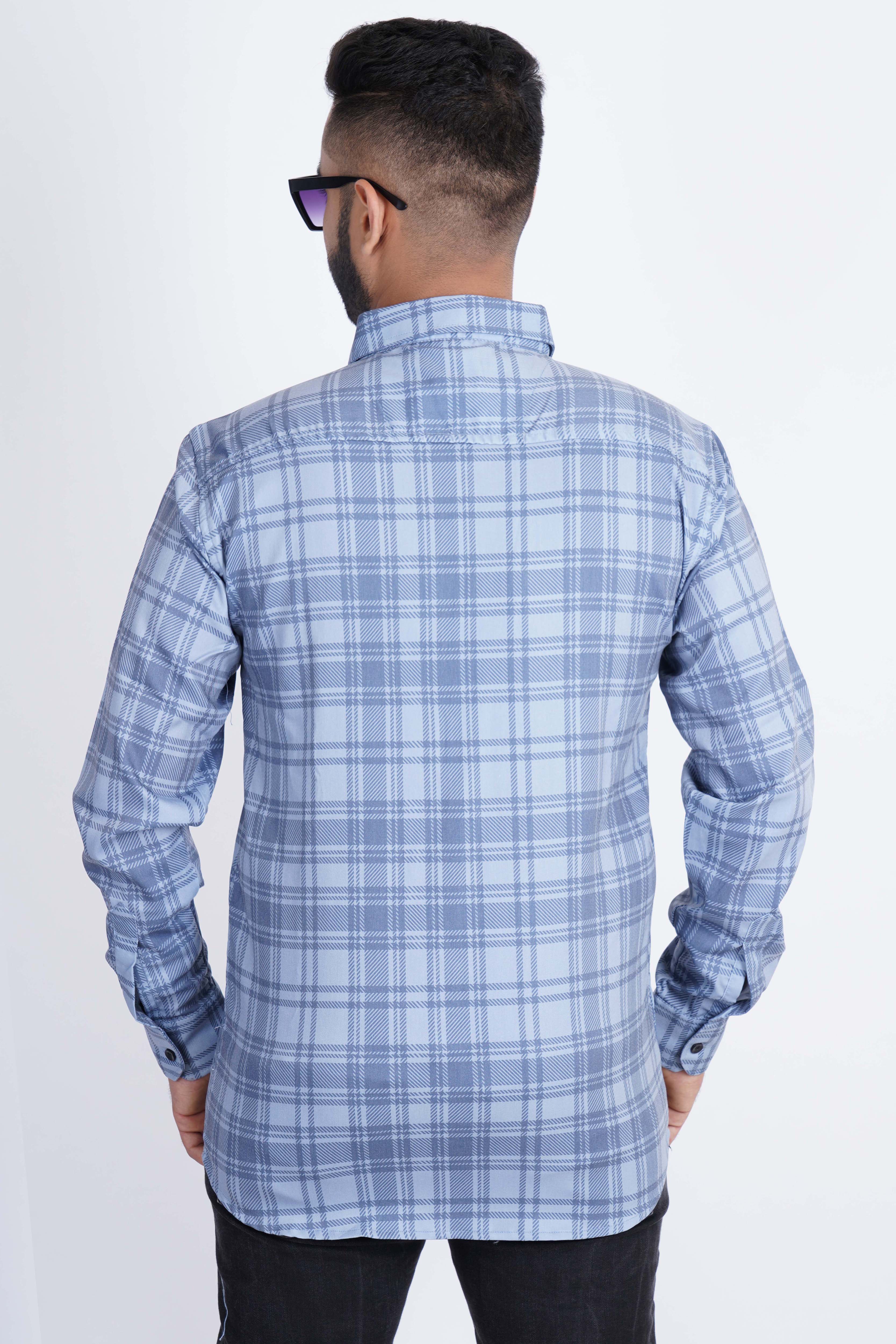 Light Blue Grey Small Checks Imported Lycra Shirt