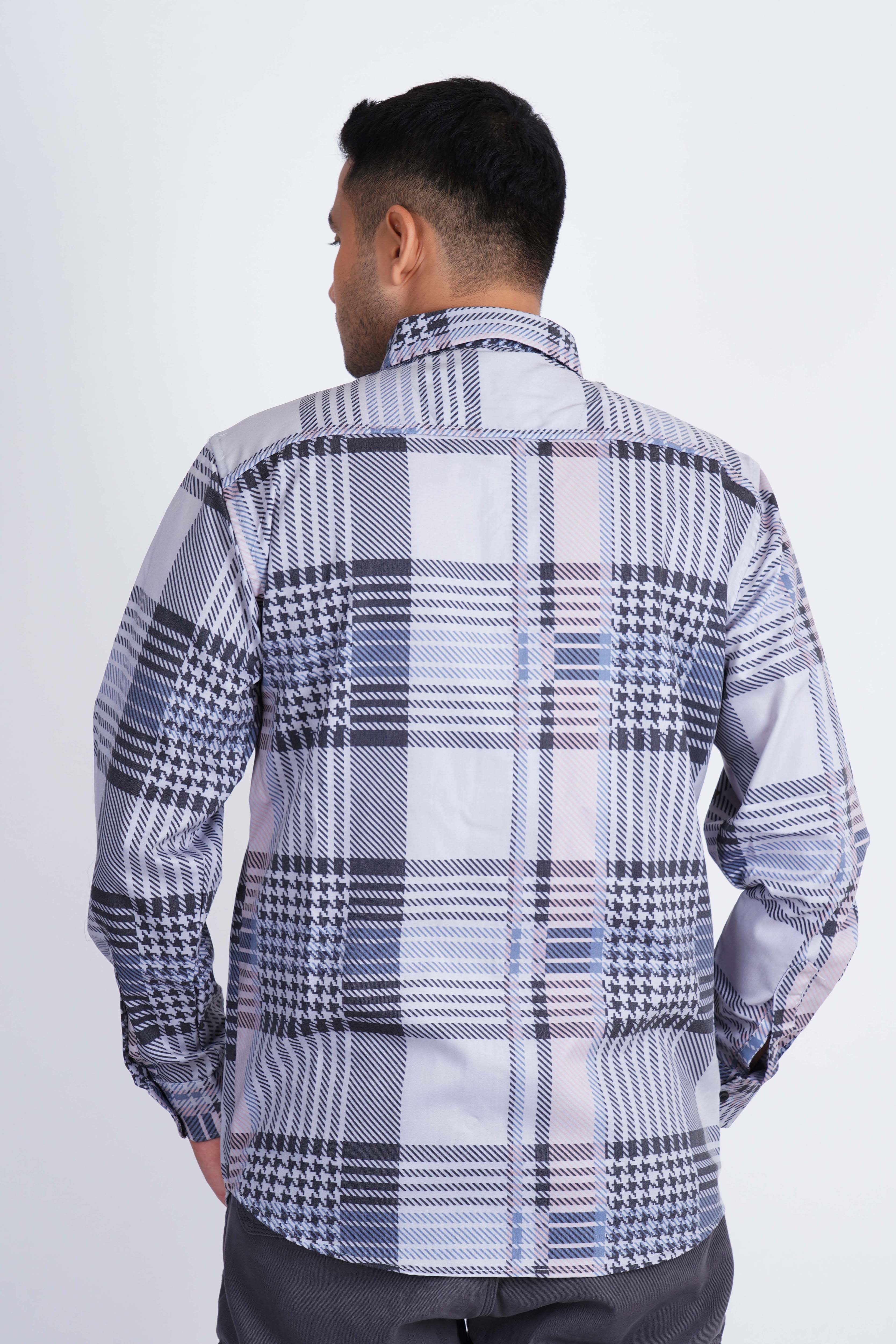 Grey Lilac Light Blue Small Checks Imported Lycra Shirt