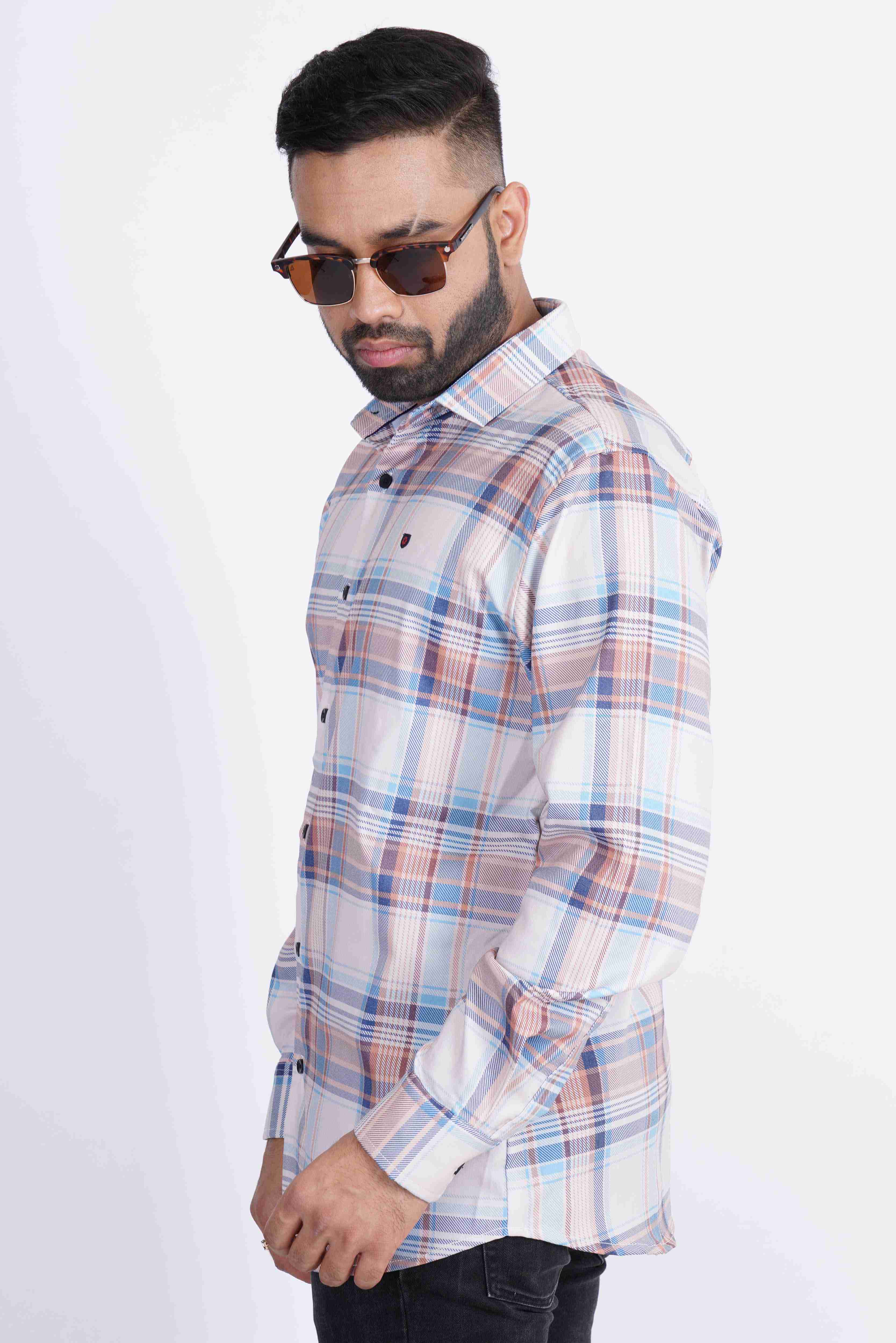 Creme Light Orange Blue Small Checks Imported Lycra Shirt