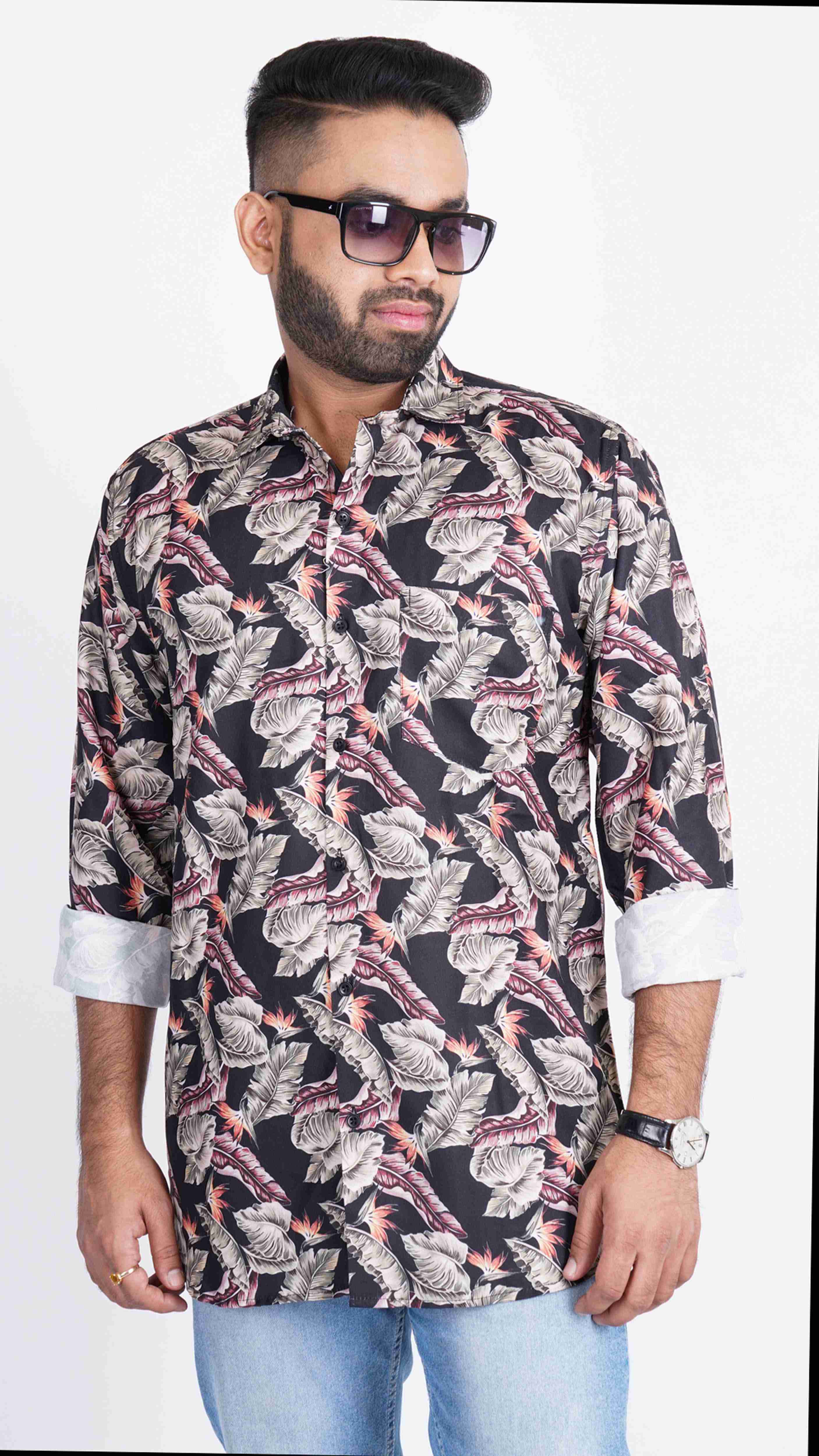 Black Floral Green Hawaiin Print Shirt