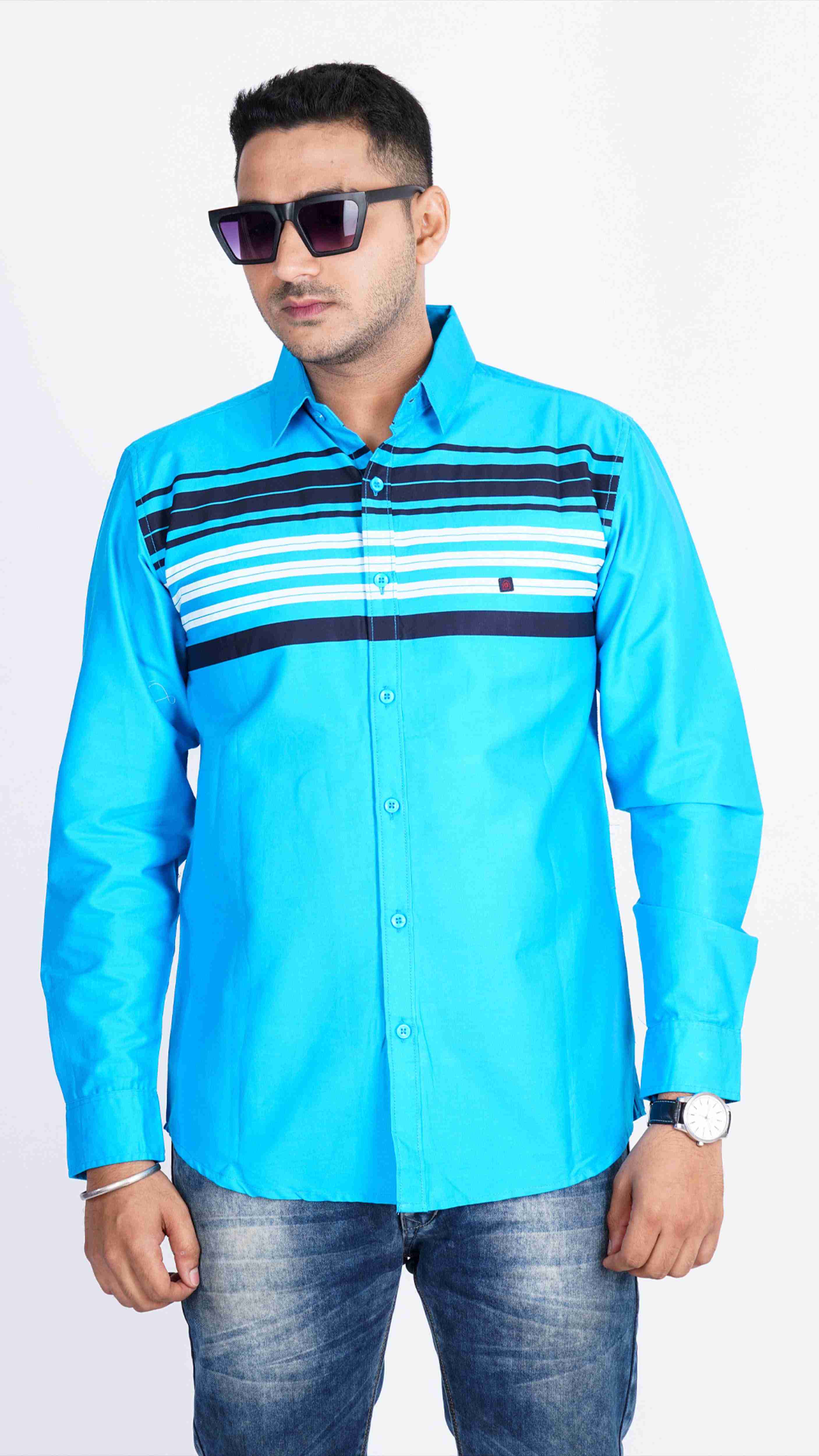 Royal Blue Navy Blue Broad Panel Cotton Shirt