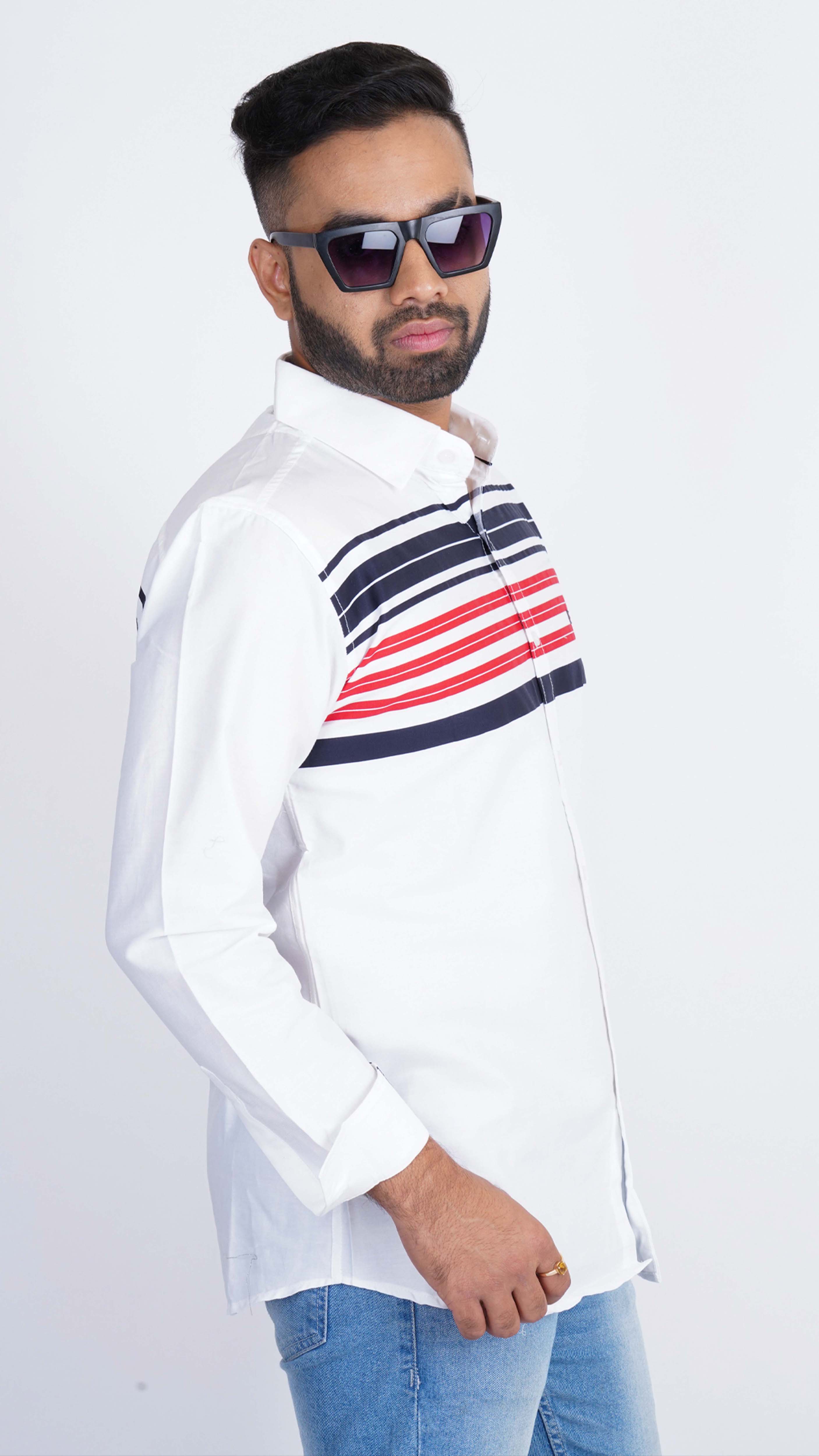 Pure White Red Broad Panel Cotton Shirt