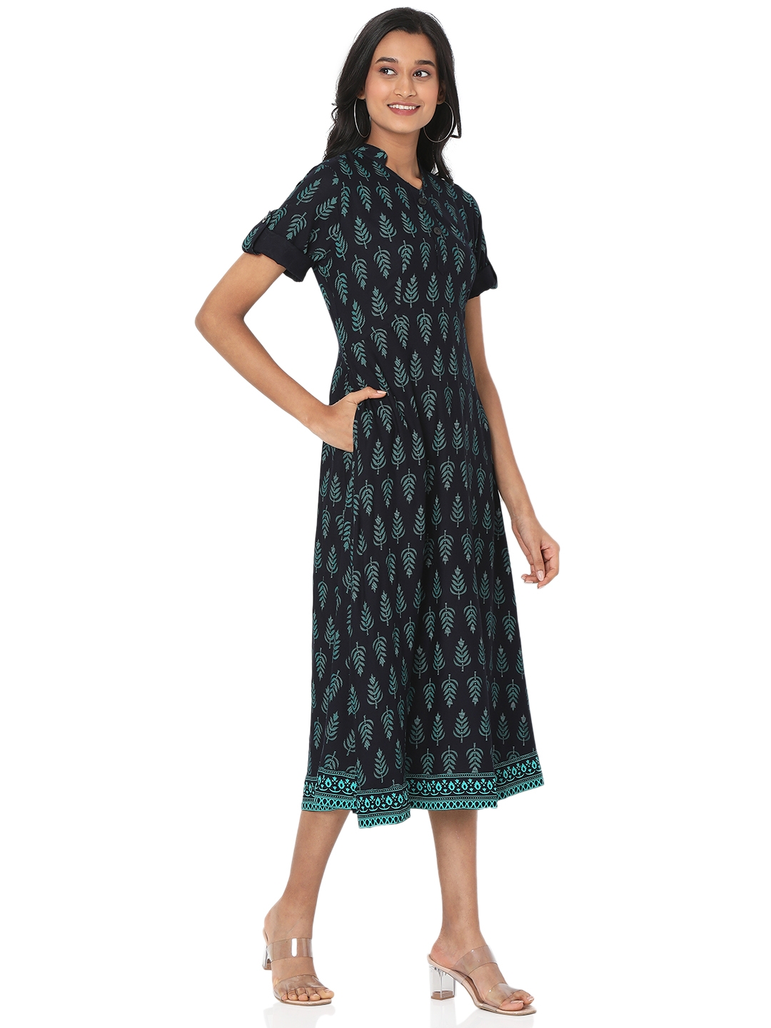Smarty Pants | Smarty Pants women's cotton fabric green color alpine tree printed dress. 2