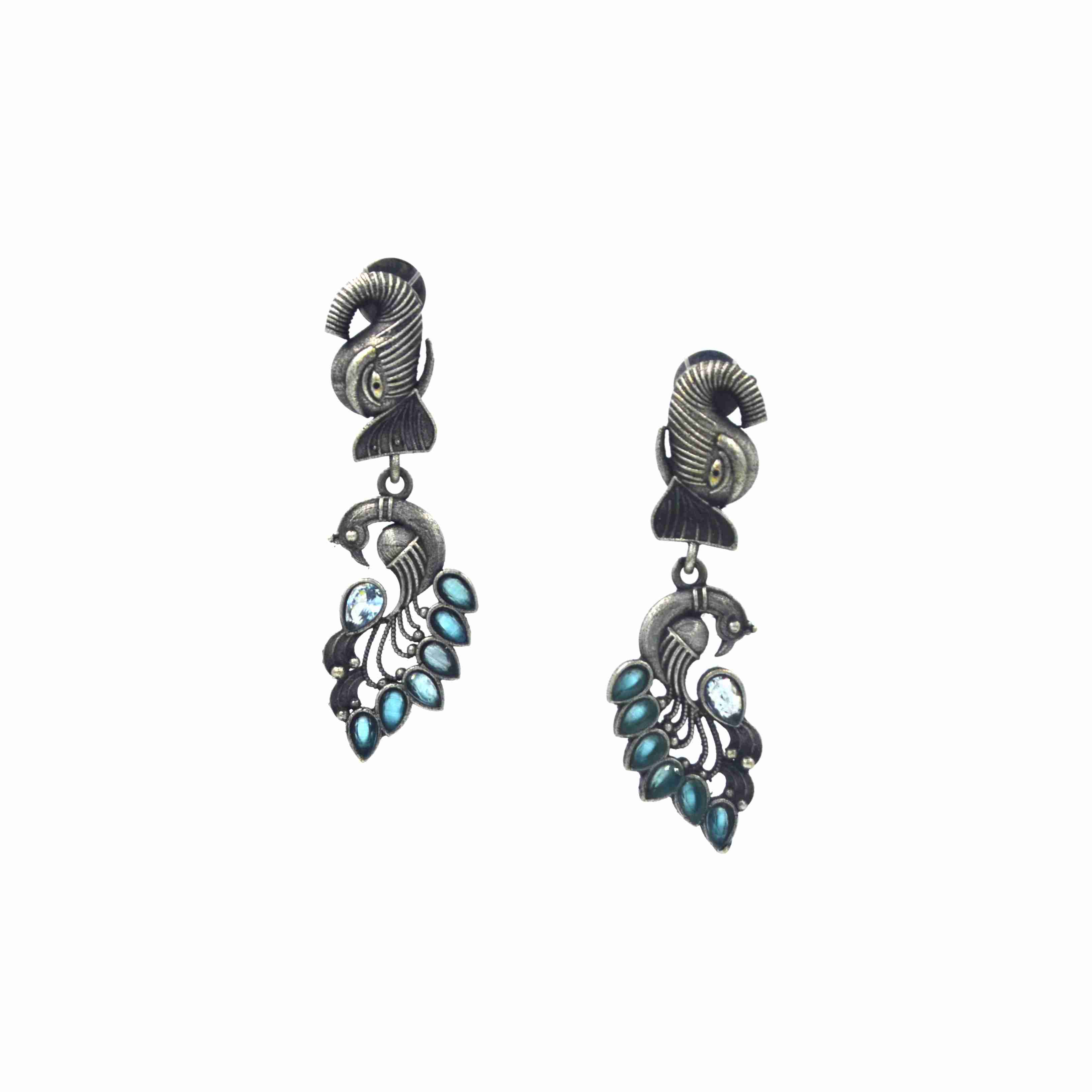 The Nila Silver Oxidized Peacock Design Top Earrings