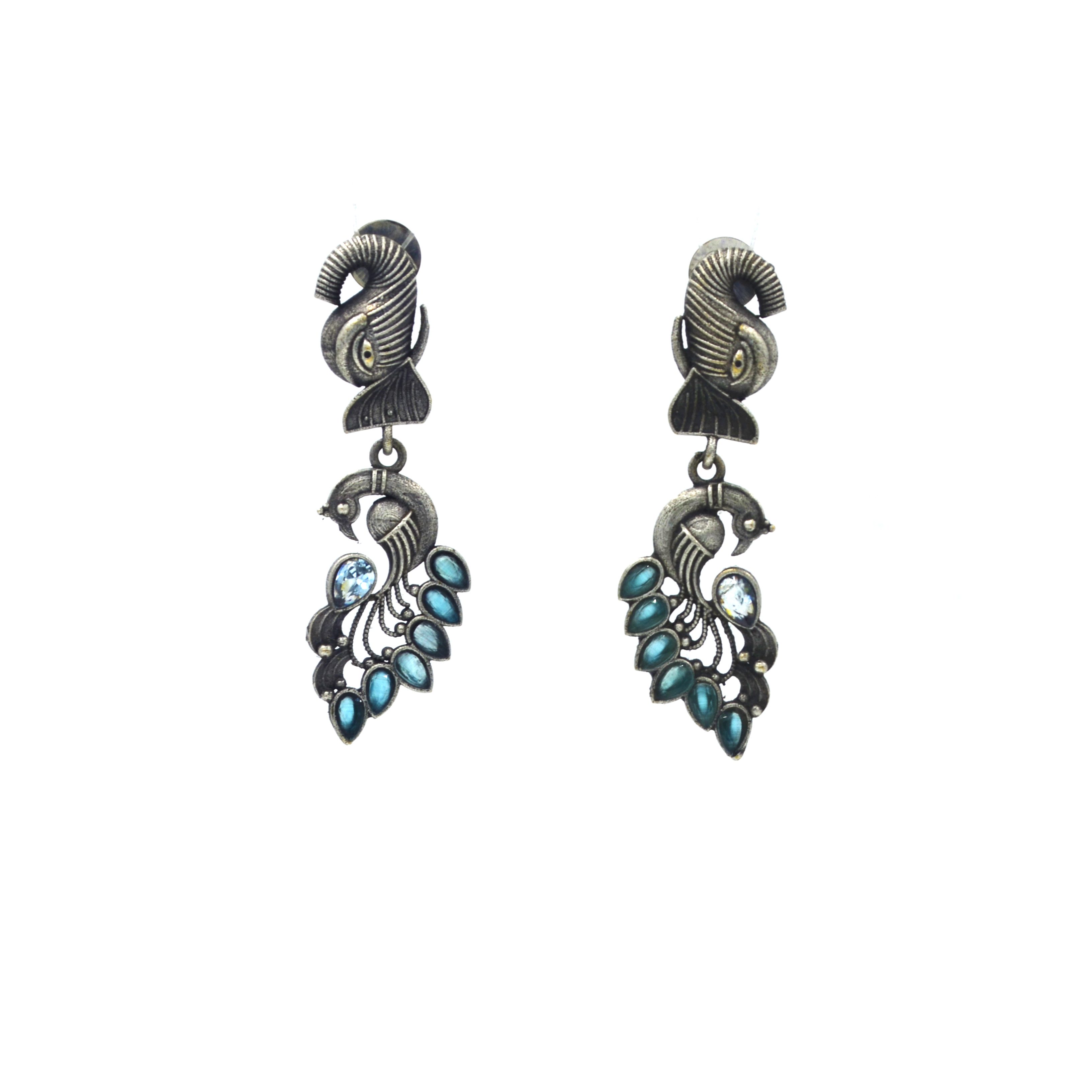 The Nila Silver Oxidized Peacock Design Top Earrings