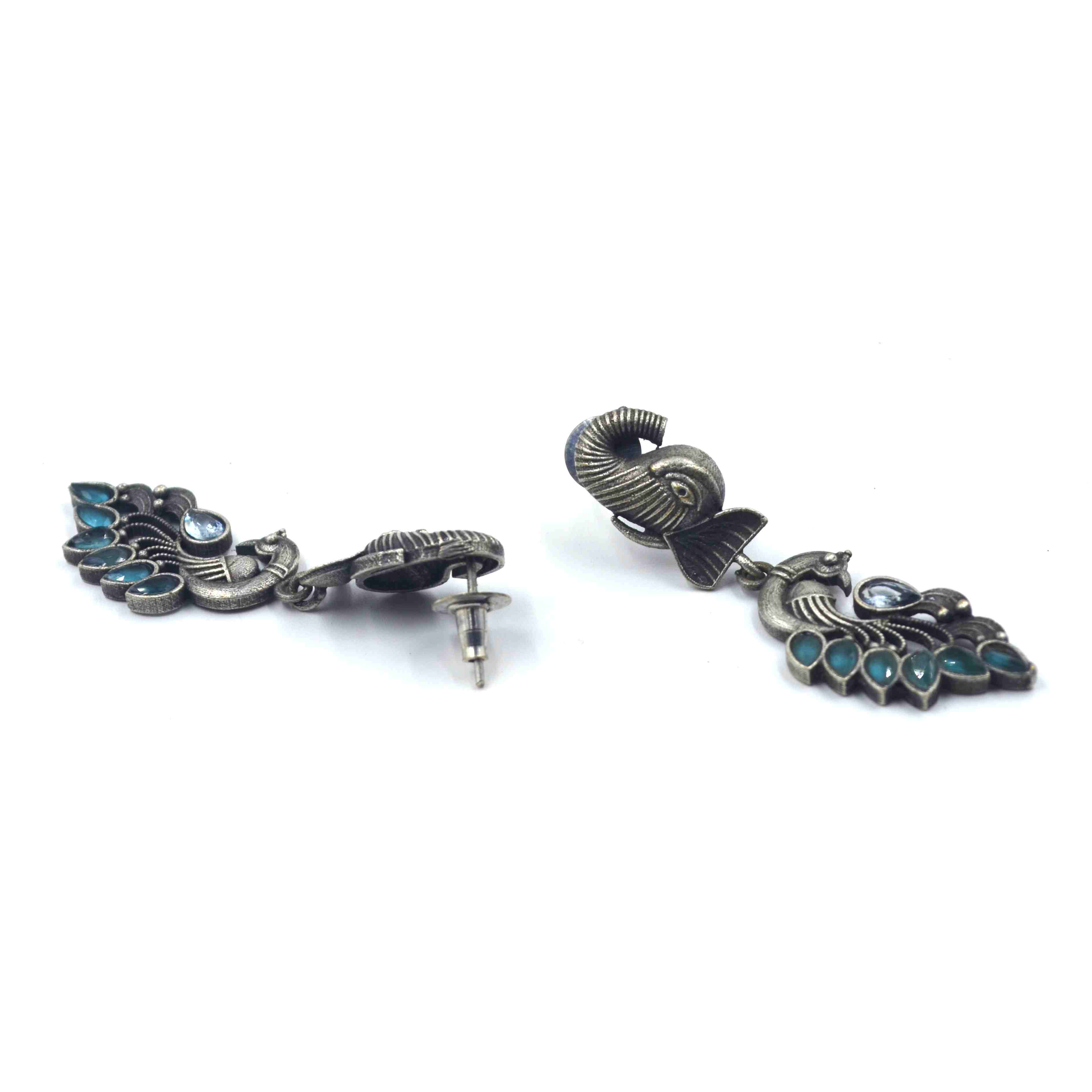 The Nila Silver Oxidized Peacock Design Top Earrings