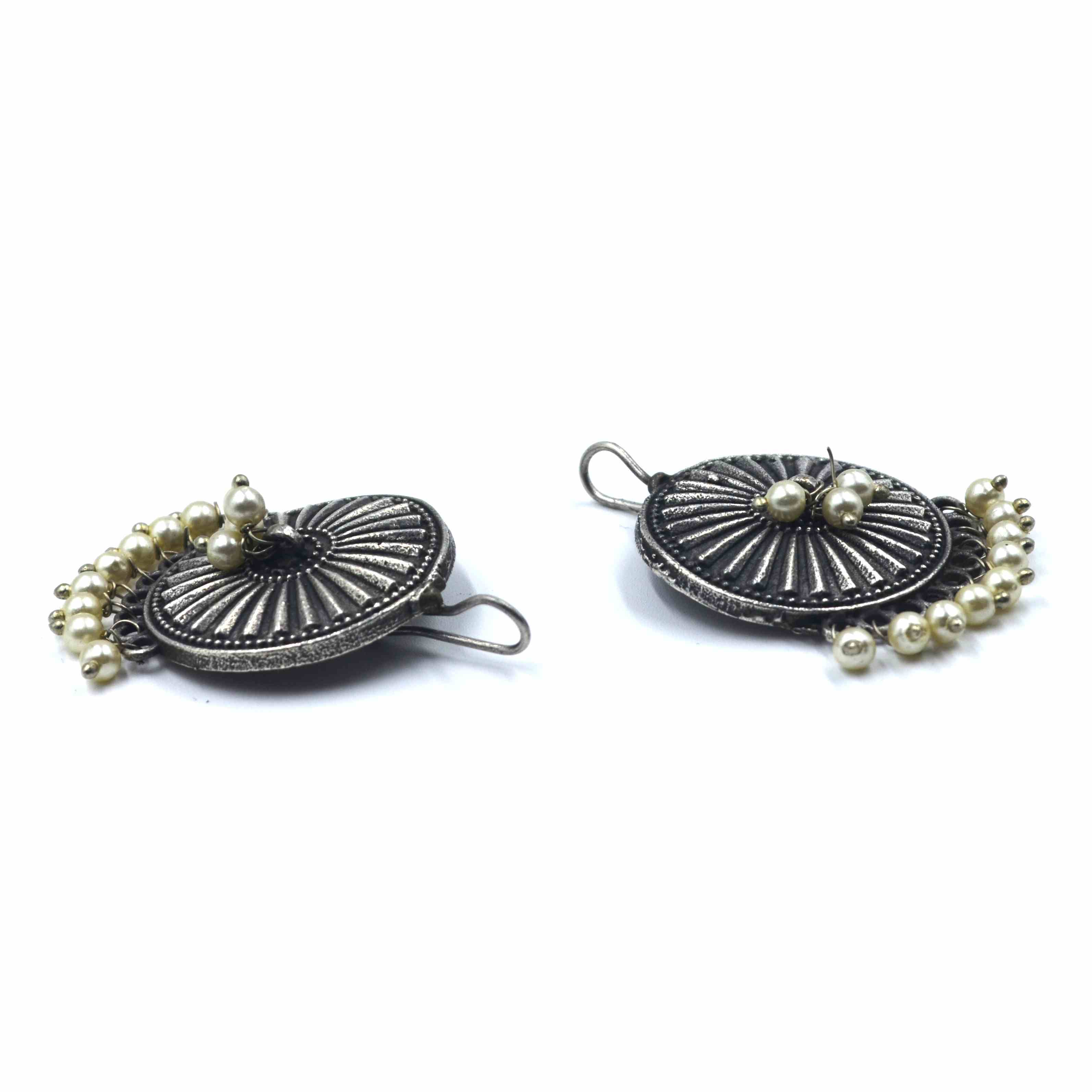 The Nila Silver Oxidized Round Pearl Top Earrings
