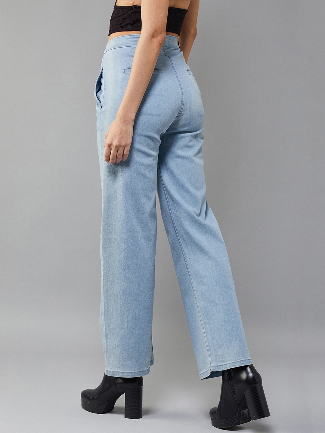 Women's Light Blue Wide-Leg High Rise Clean Look Regular Stretchable Denim Jeans