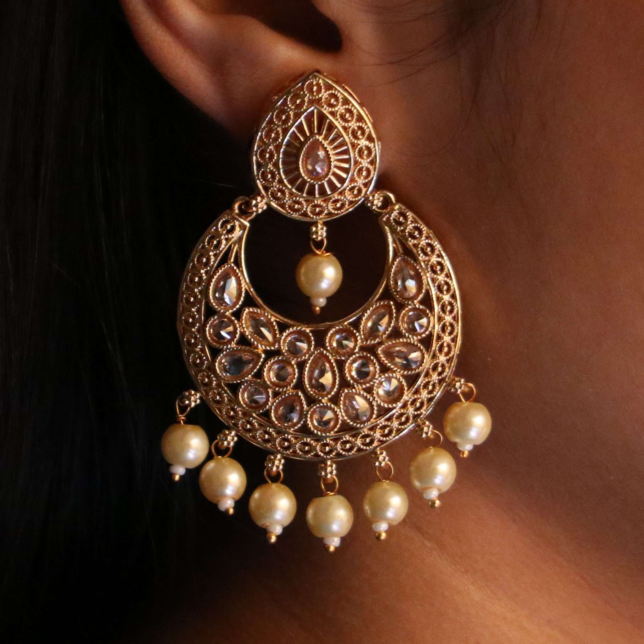 The Nila Gold Plated Chandbali with Pearl Drops