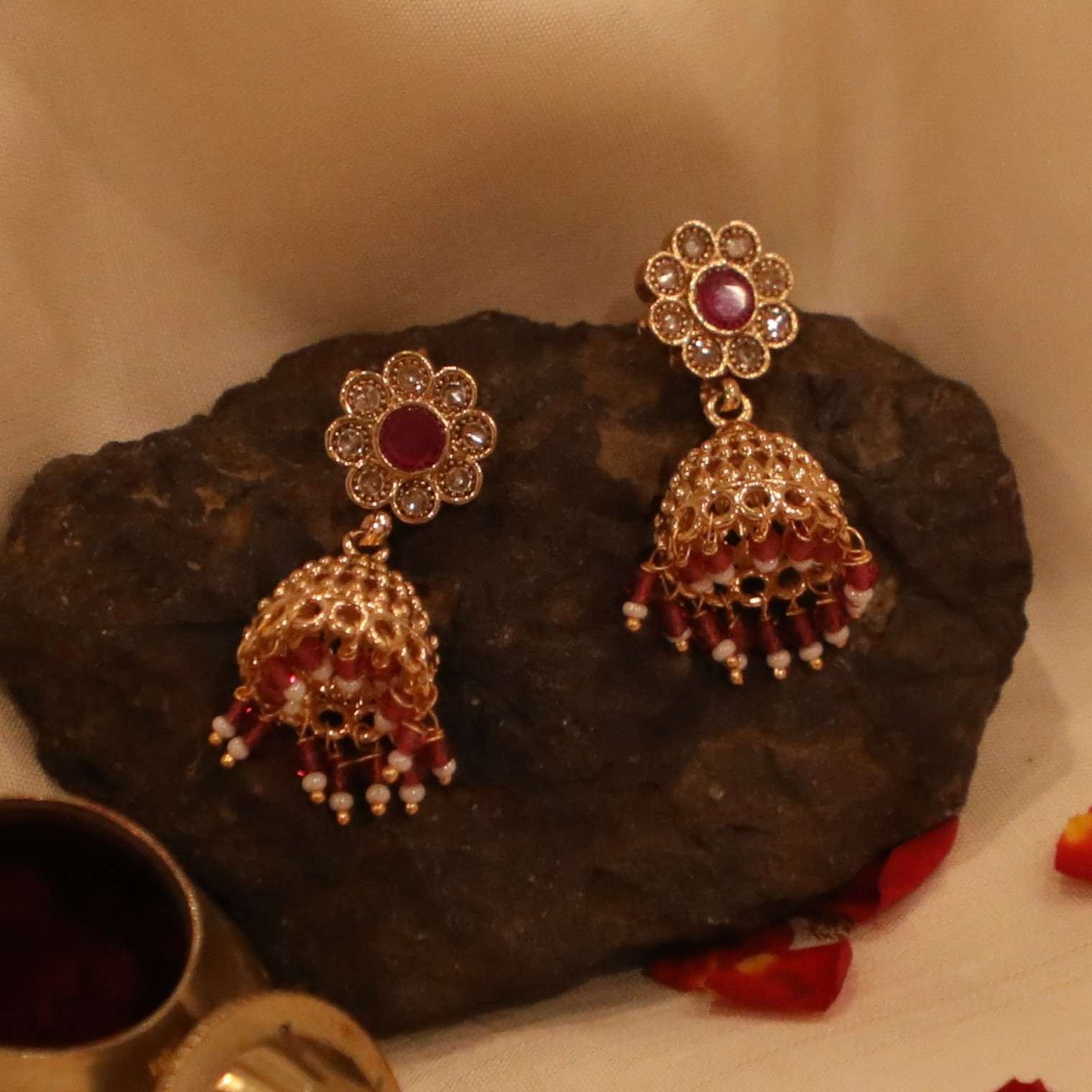 The Nila Gold Plated Red Floral Stud with Jhumkas
