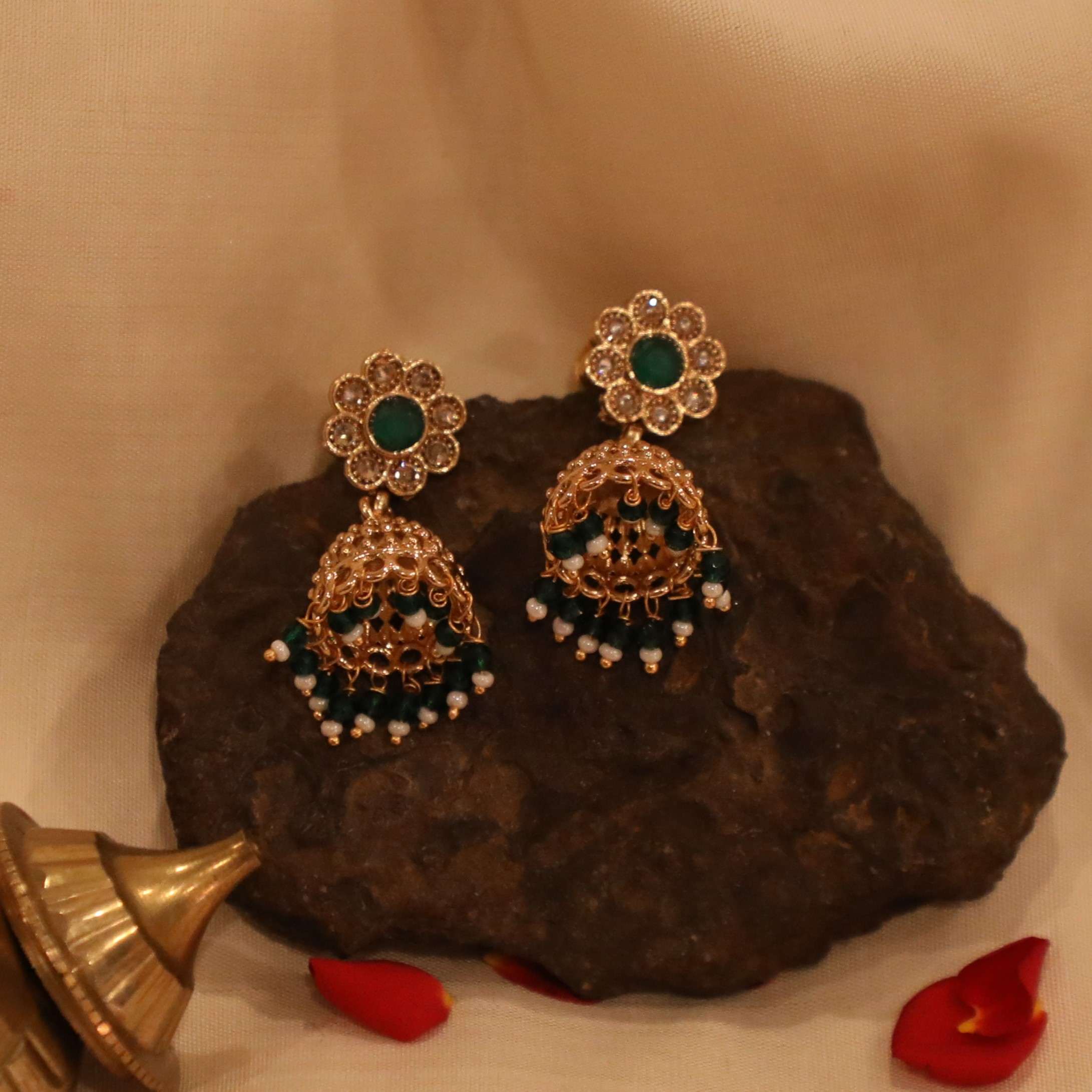 The Nila Gold Plated Green Floral Stud with Jhumkas