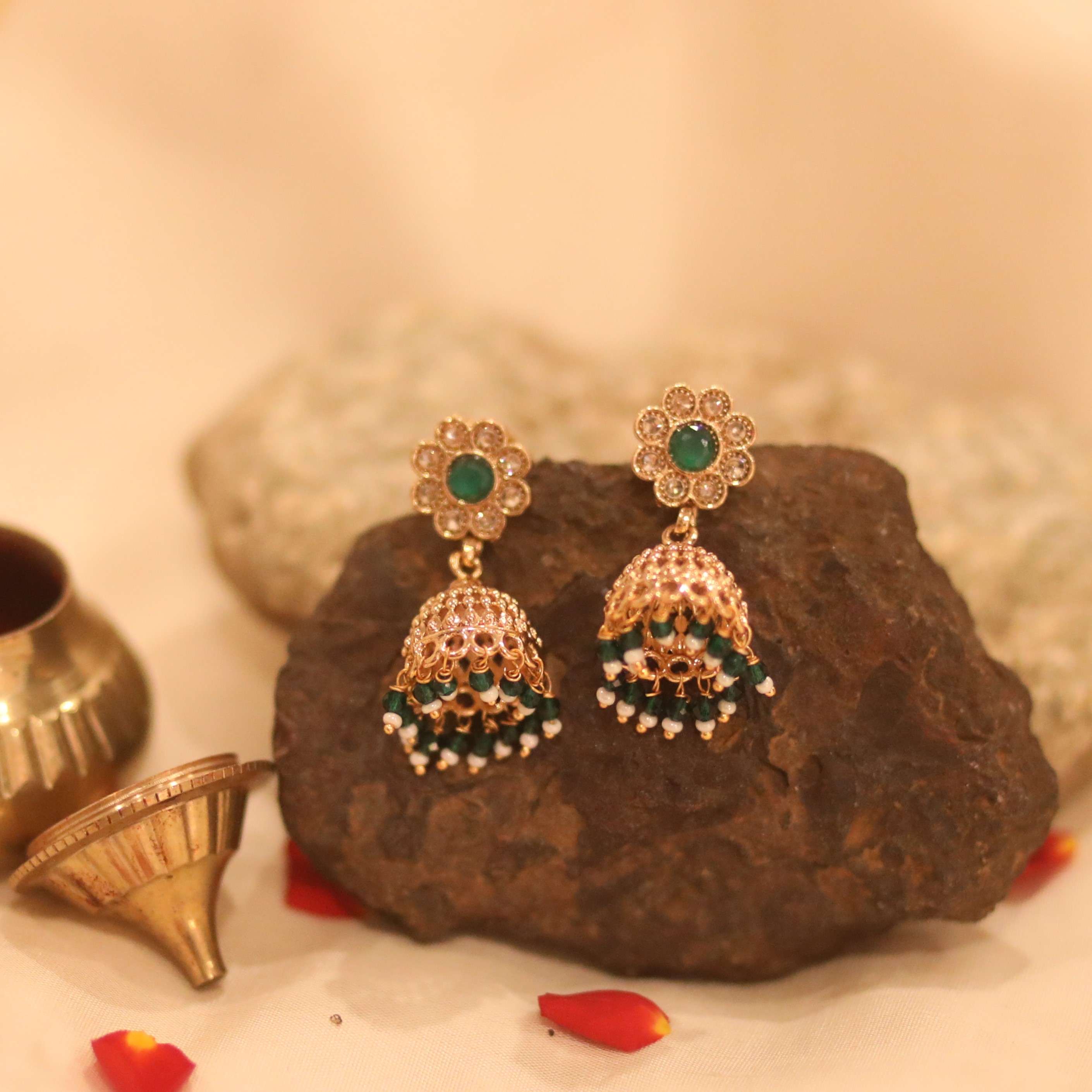 The Nila Gold Plated Green Floral Stud with Jhumkas
