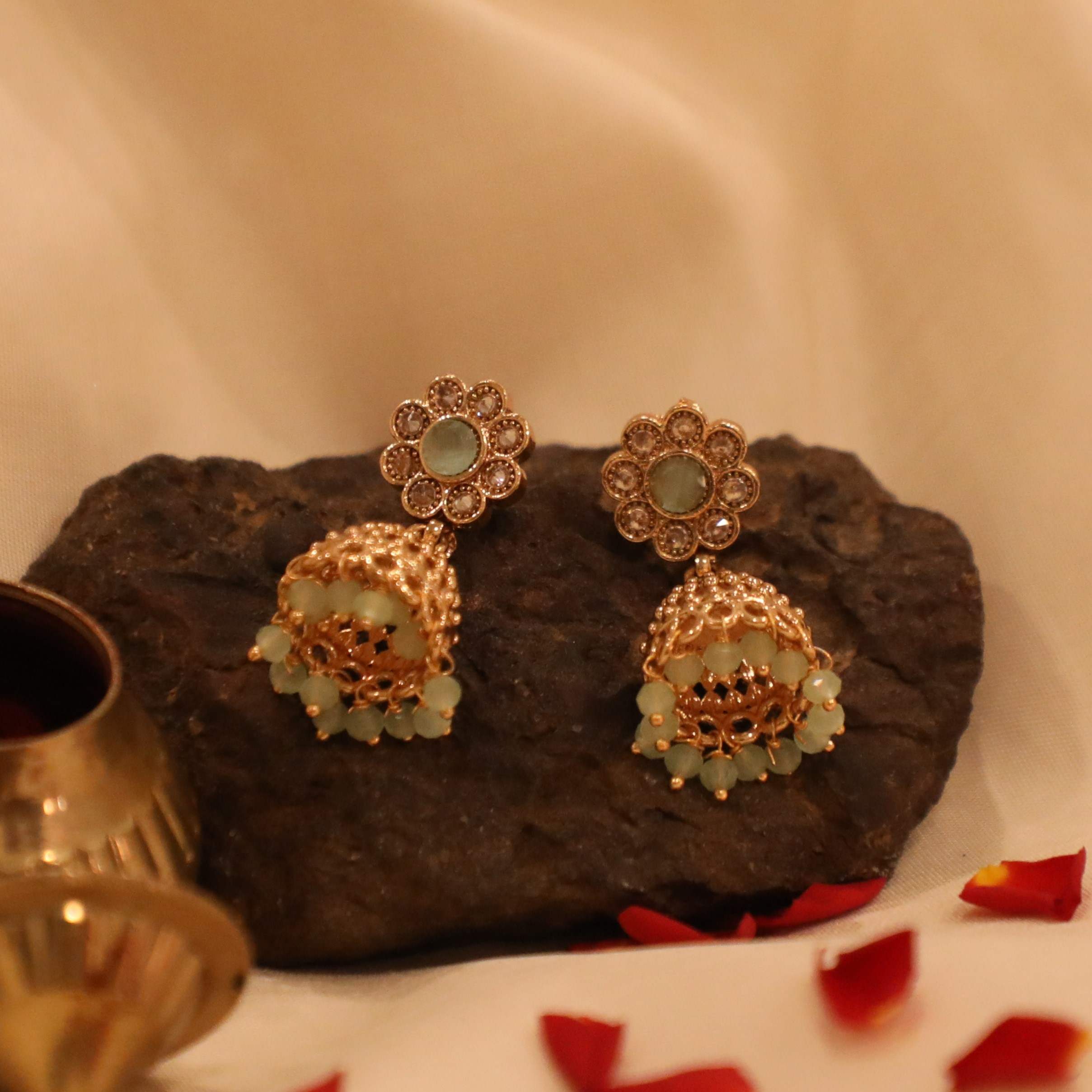 The Nila Gold Plated Torquise Floral Stud with Jhumkas
