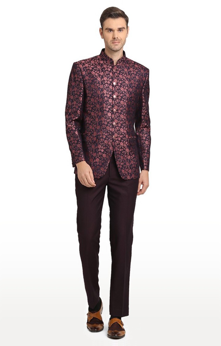 JadeBlue | JP40269-NAVY PRPL PRINT Men's Red Silk Printed Ethnic Suit Sets 0