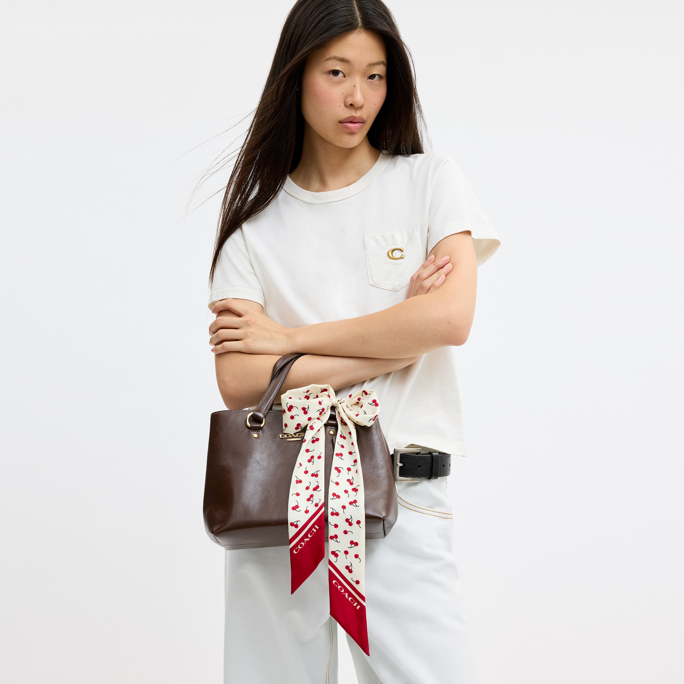 Micro Cherry Print Silk Skinny Scarf