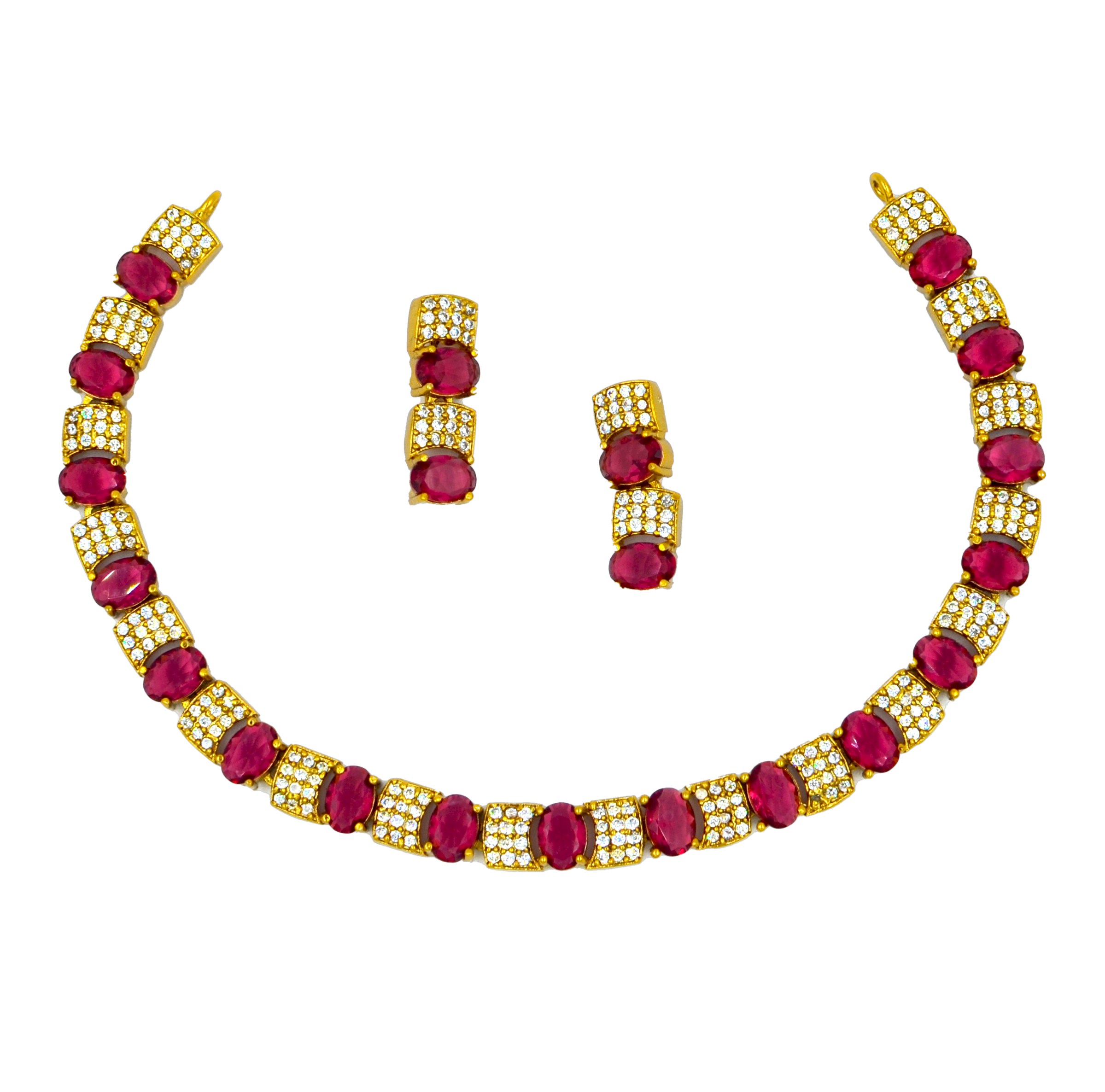 The Nila Gold Plated Crystal and Ruby Sapphire Studded Choker with Drop Earnings
