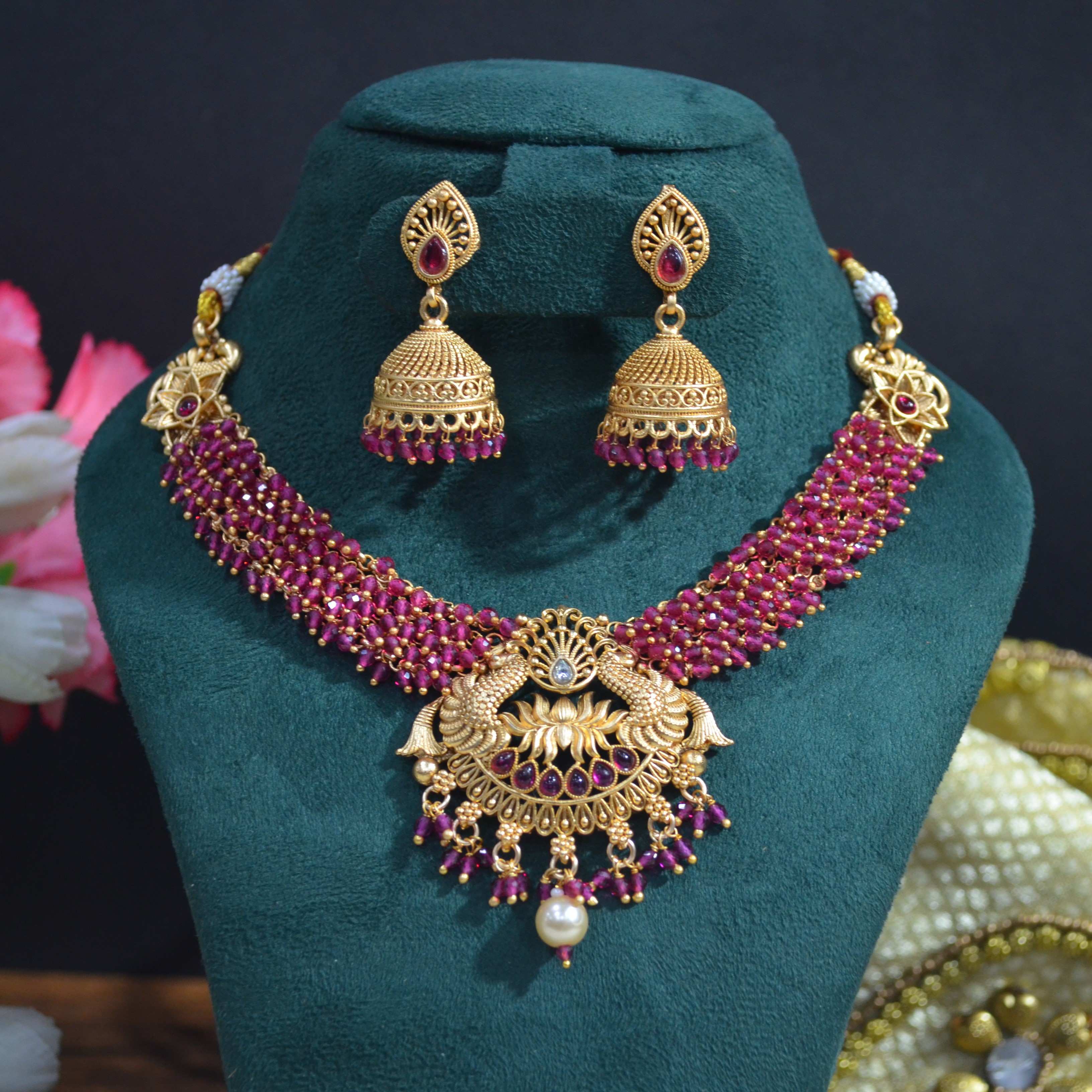 The Nila Gold Plated Kundan Necklace with Drop Jhumkas