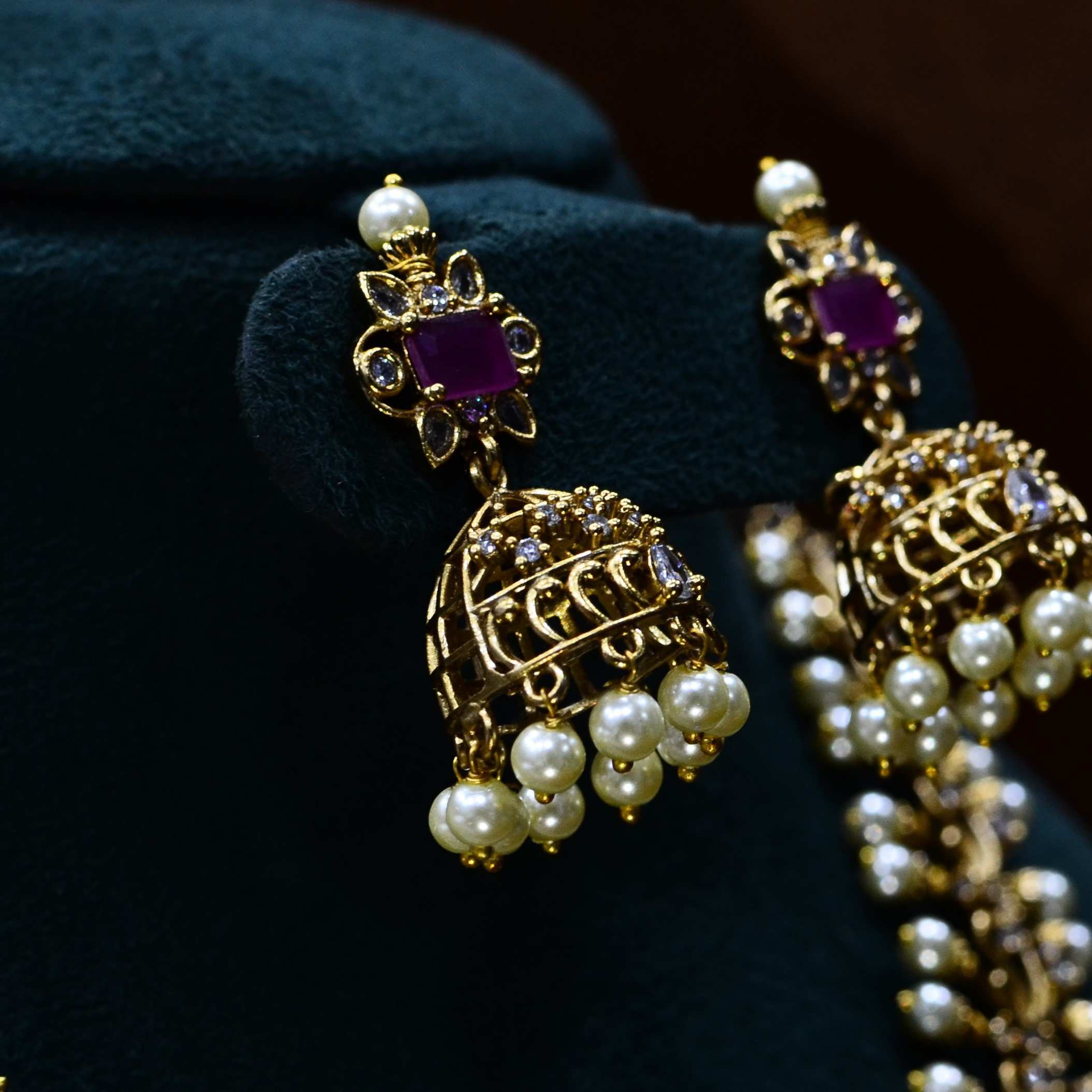The Nila Gold Plated Traditional Pearl Choker with Jhumkas
