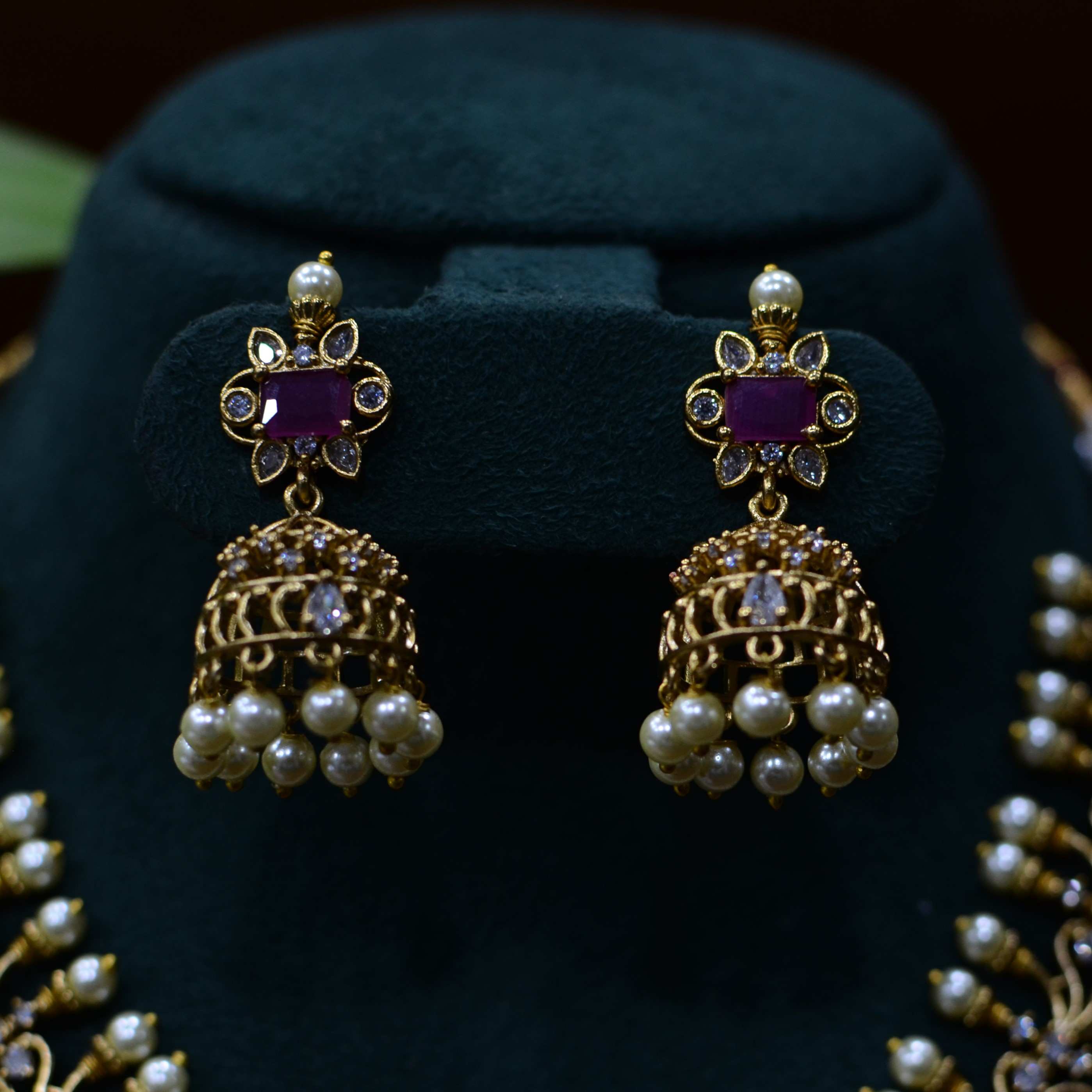 The Nila Gold Plated Traditional Pearl Choker with Jhumkas
