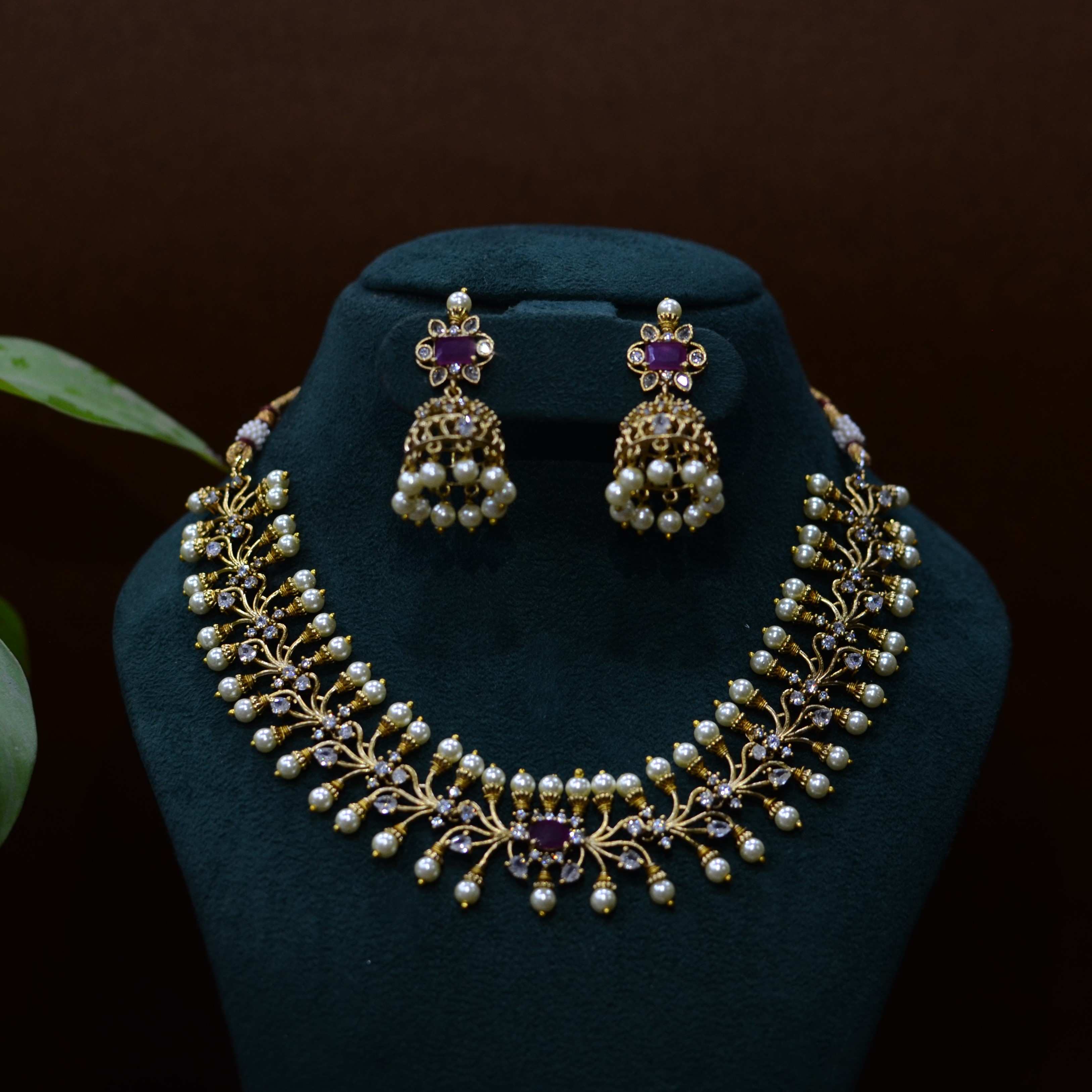 The Nila Gold Plated Traditional Pearl Choker with Jhumkas