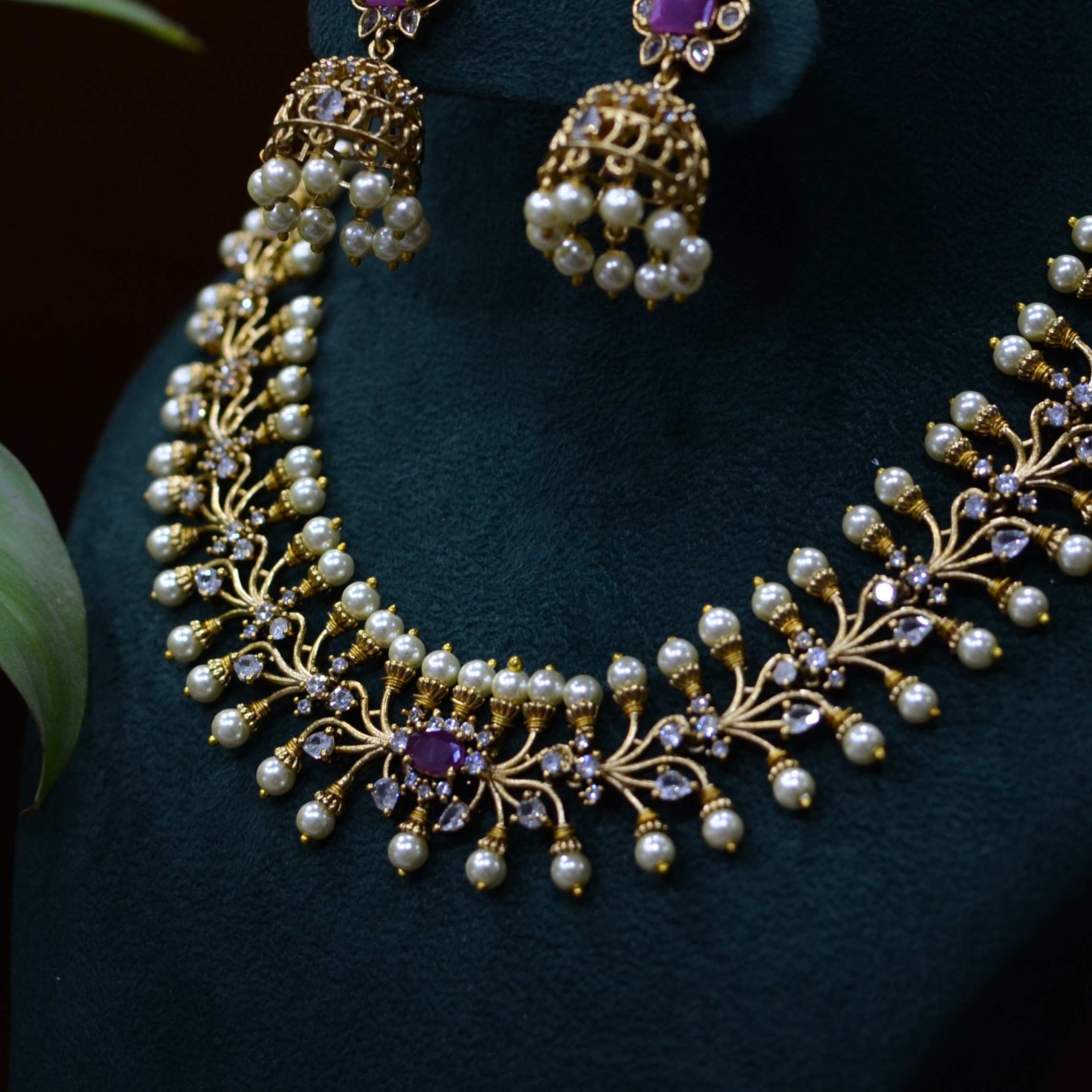 The Nila Gold Plated Traditional Pearl Choker with Jhumkas
