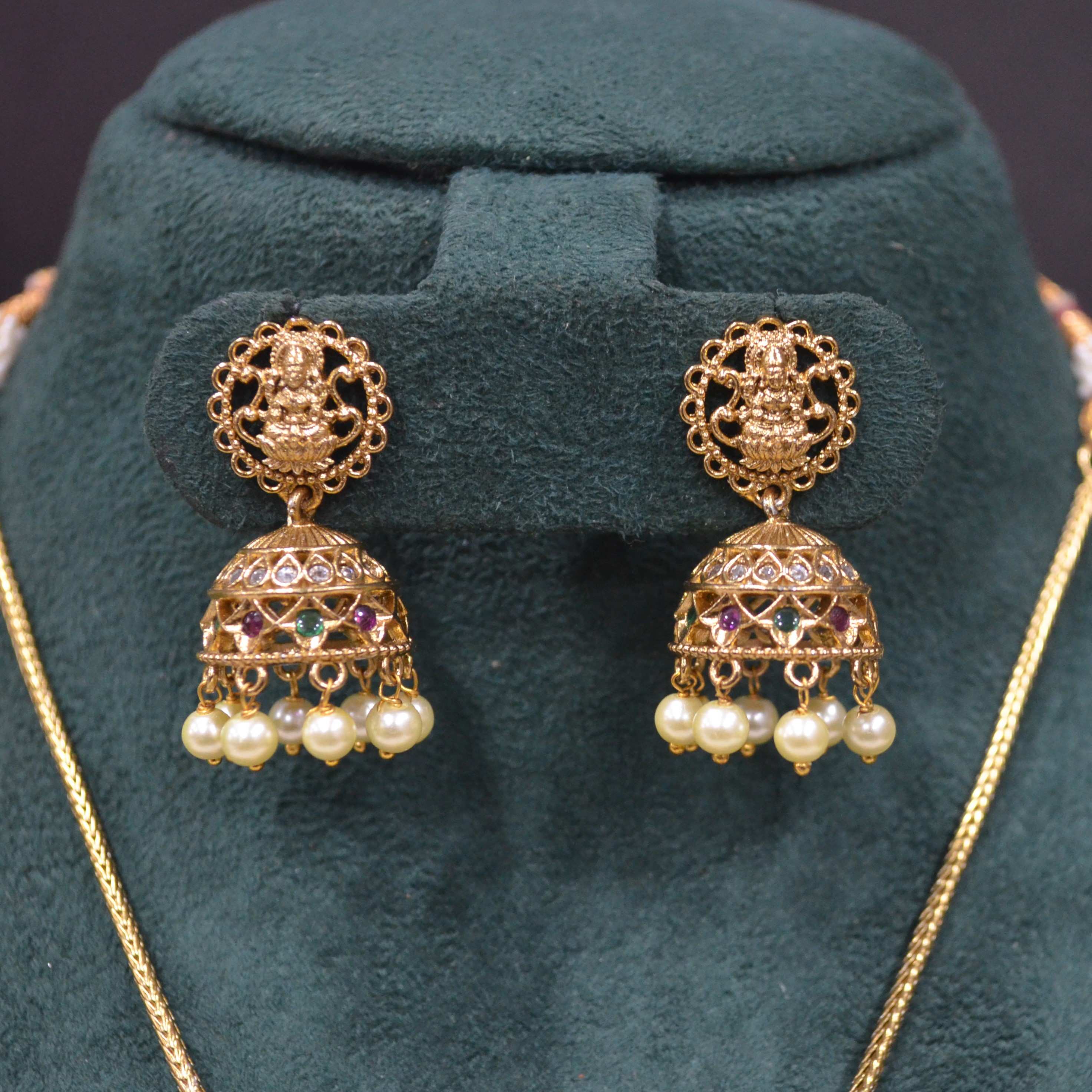 The Nila Gold Plated Temple Design Pendant Chain with Pearl Jhumkas