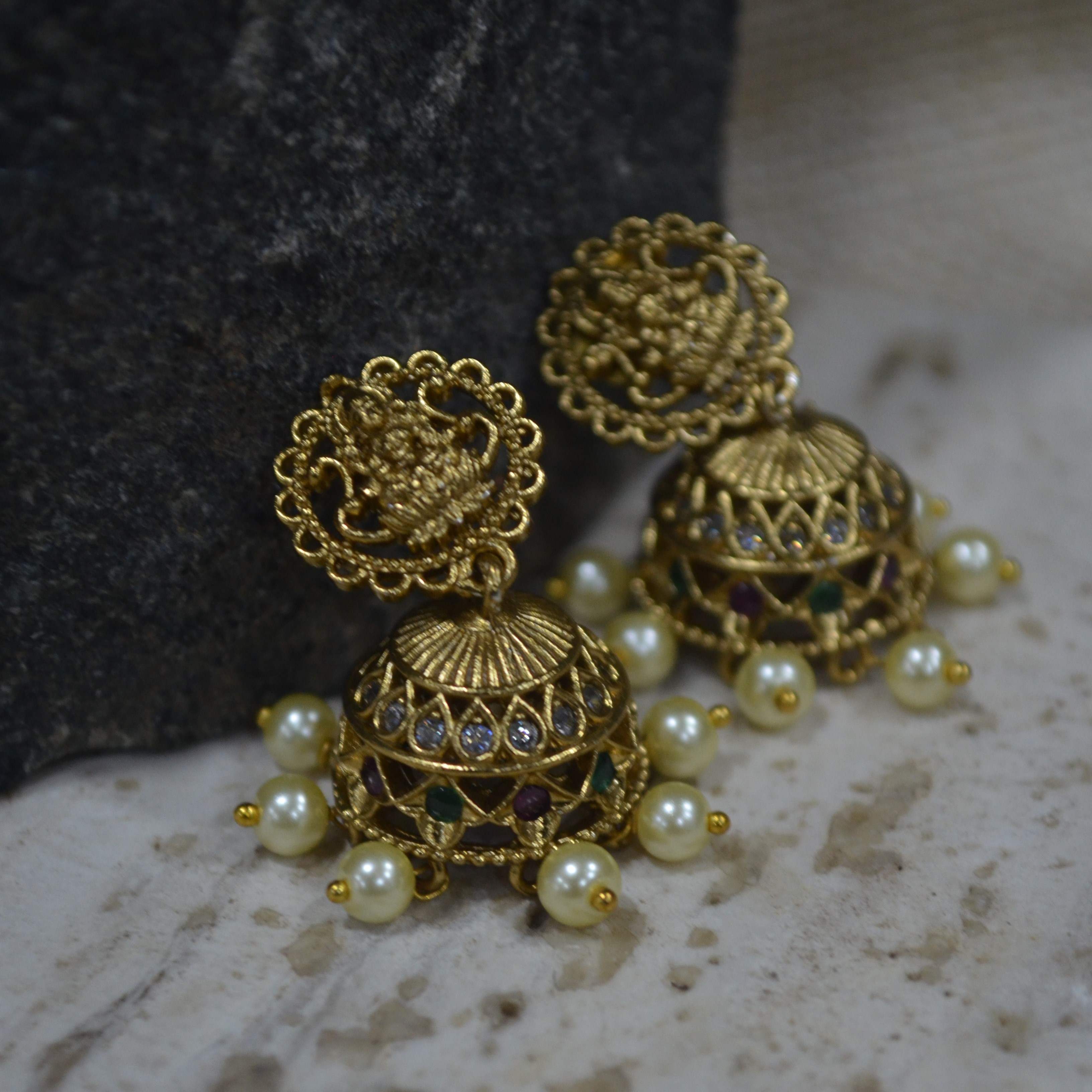 The Nila Gold Plated Temple Design Pendant Chain with Pearl Jhumkas