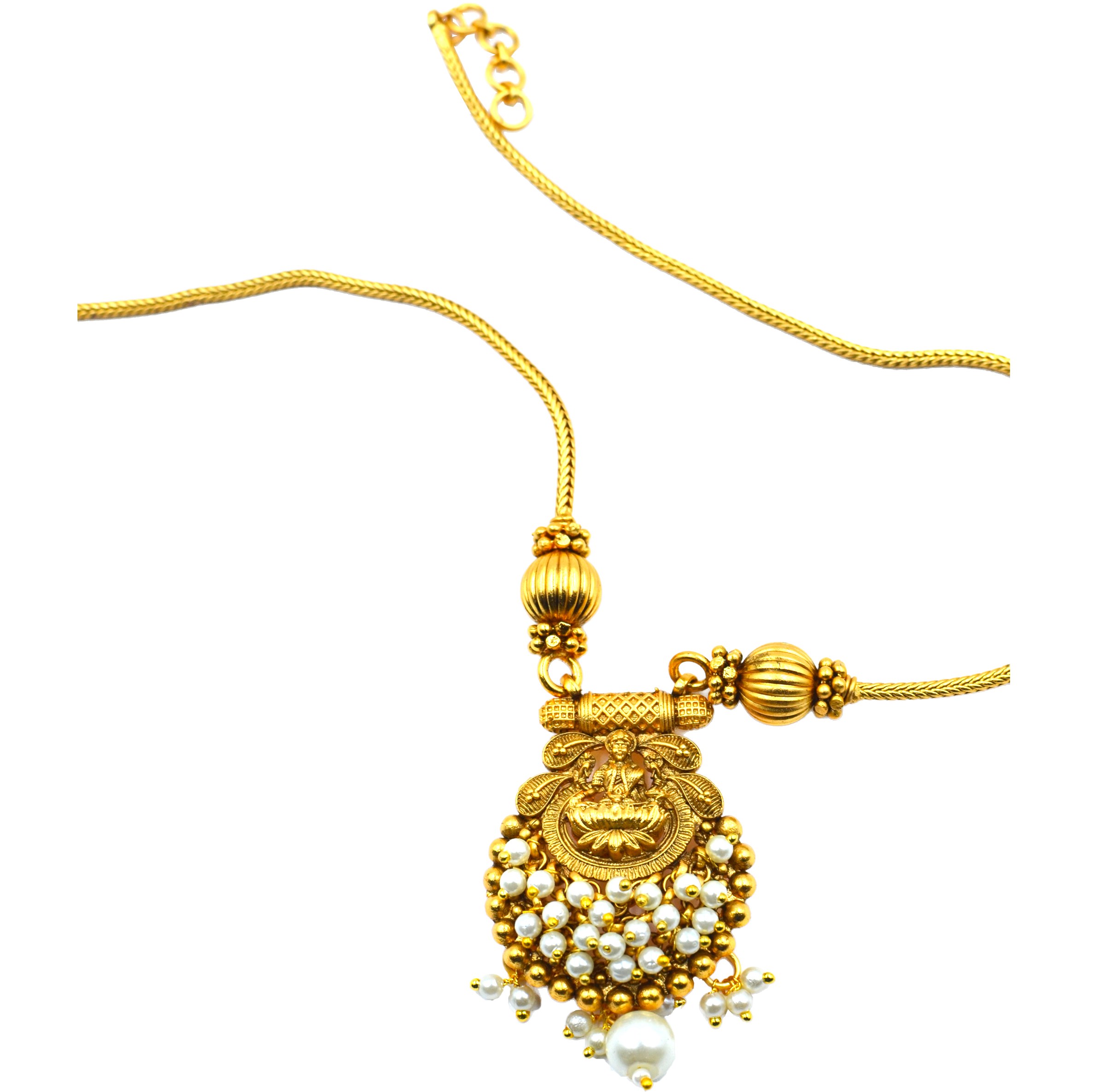 The Nila Gold Plated Temple Design Pendant Chain with Pearl Tops Earrings