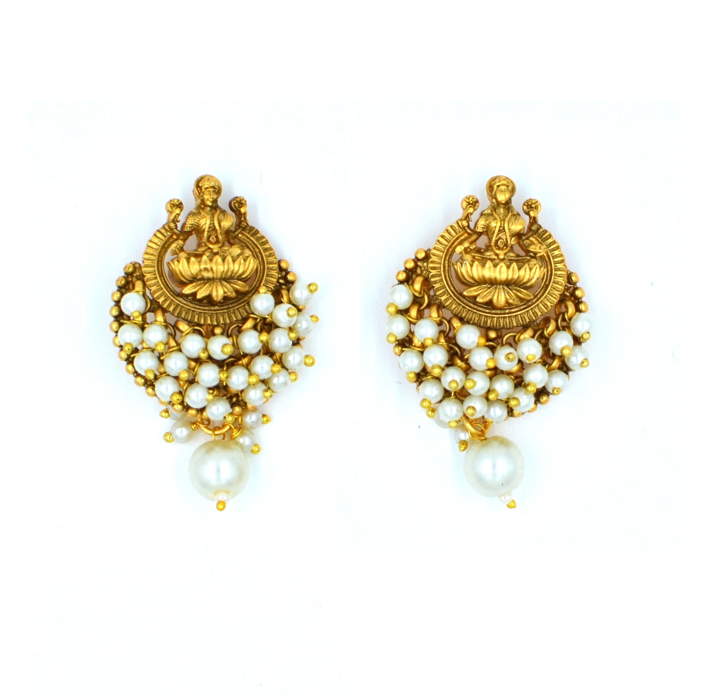 The Nila Gold Plated Temple Design Pendant Chain with Pearl Tops Earrings