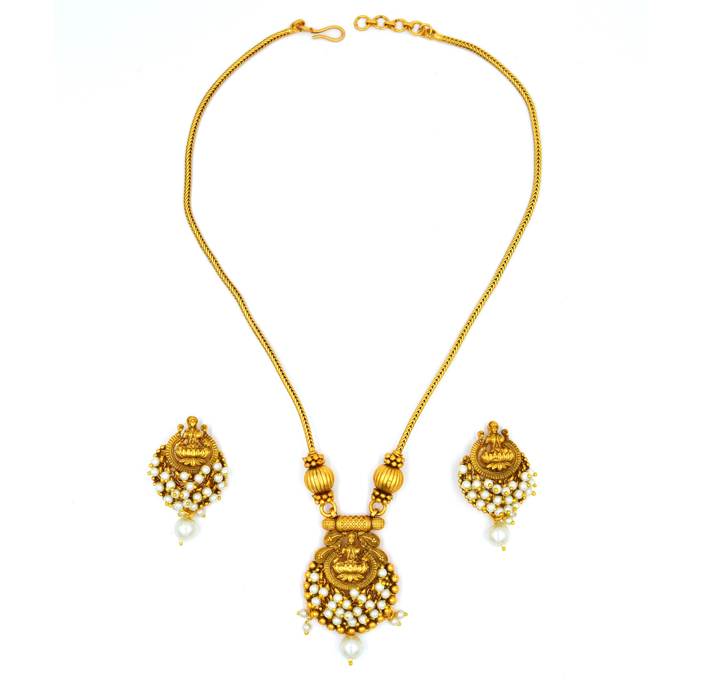 The Nila Gold Plated Temple Design Pendant Chain with Pearl Tops Earrings