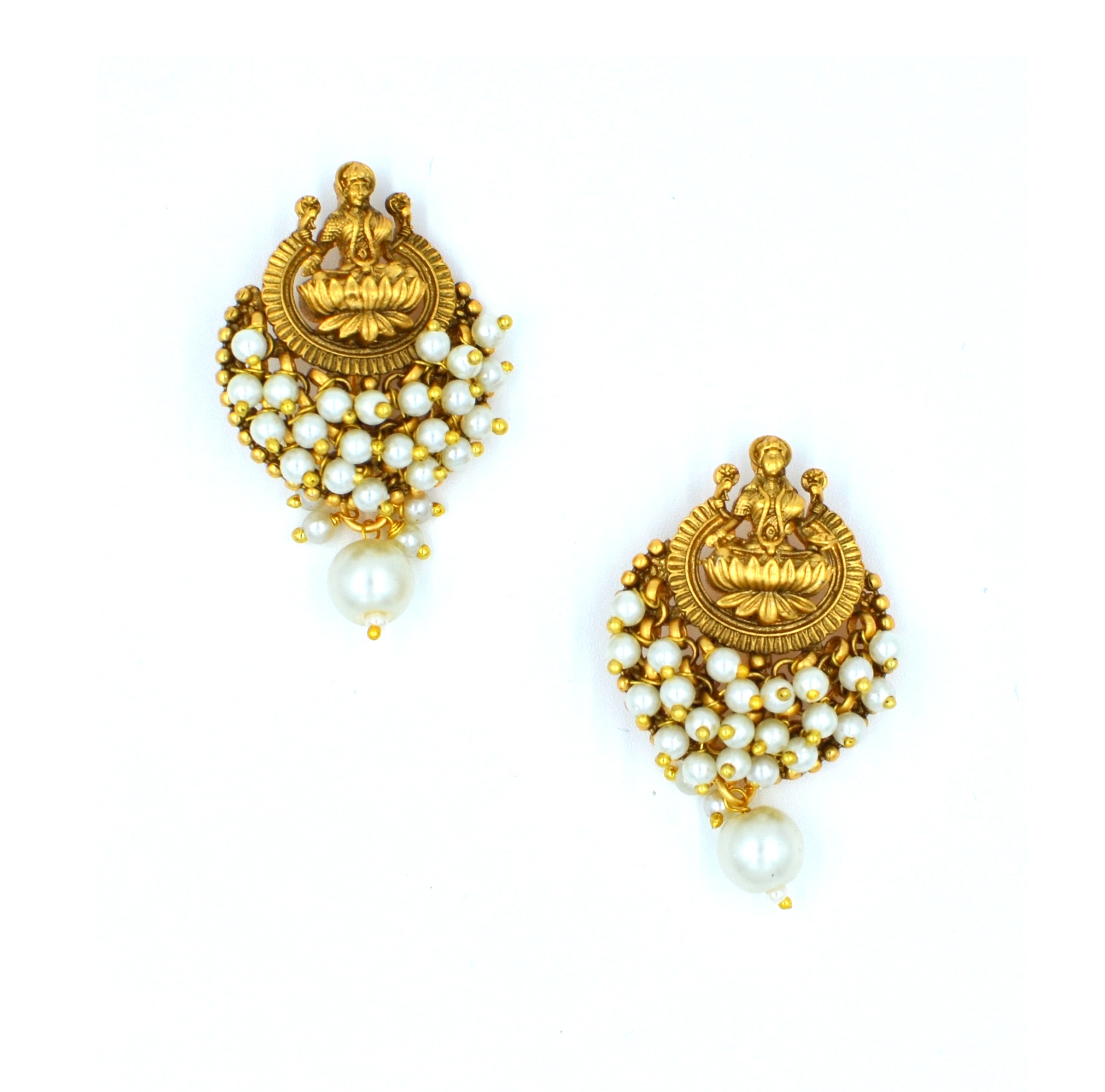 The Nila Gold Plated Temple Design Pendant Chain with Pearl Tops Earrings