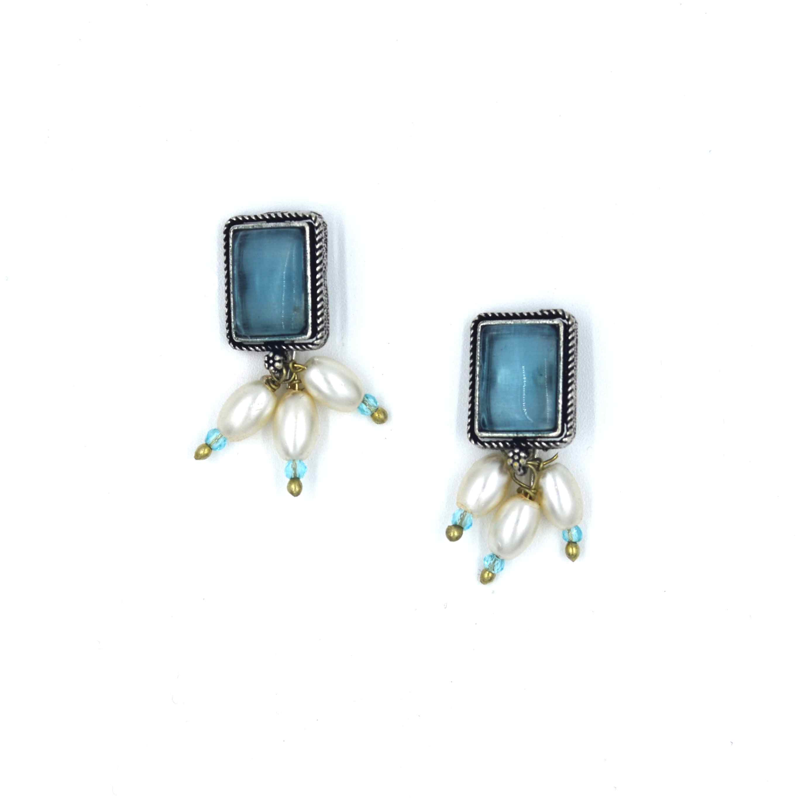 The Nila Silver Oxidized Torquoise Pendant with Pearl chain and Top Earrings