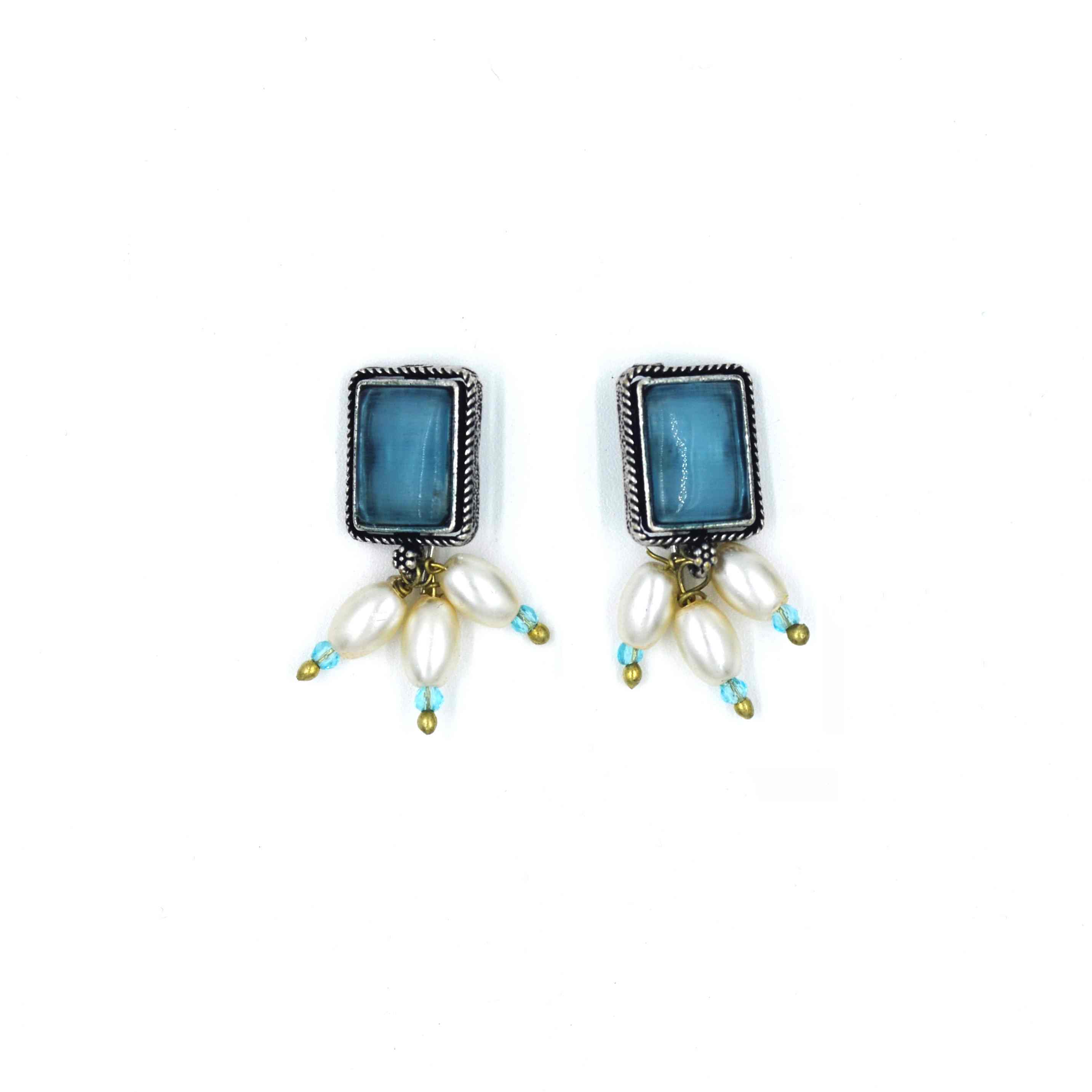 The Nila Silver Oxidized Torquoise Pendant with Pearl chain and Top Earrings