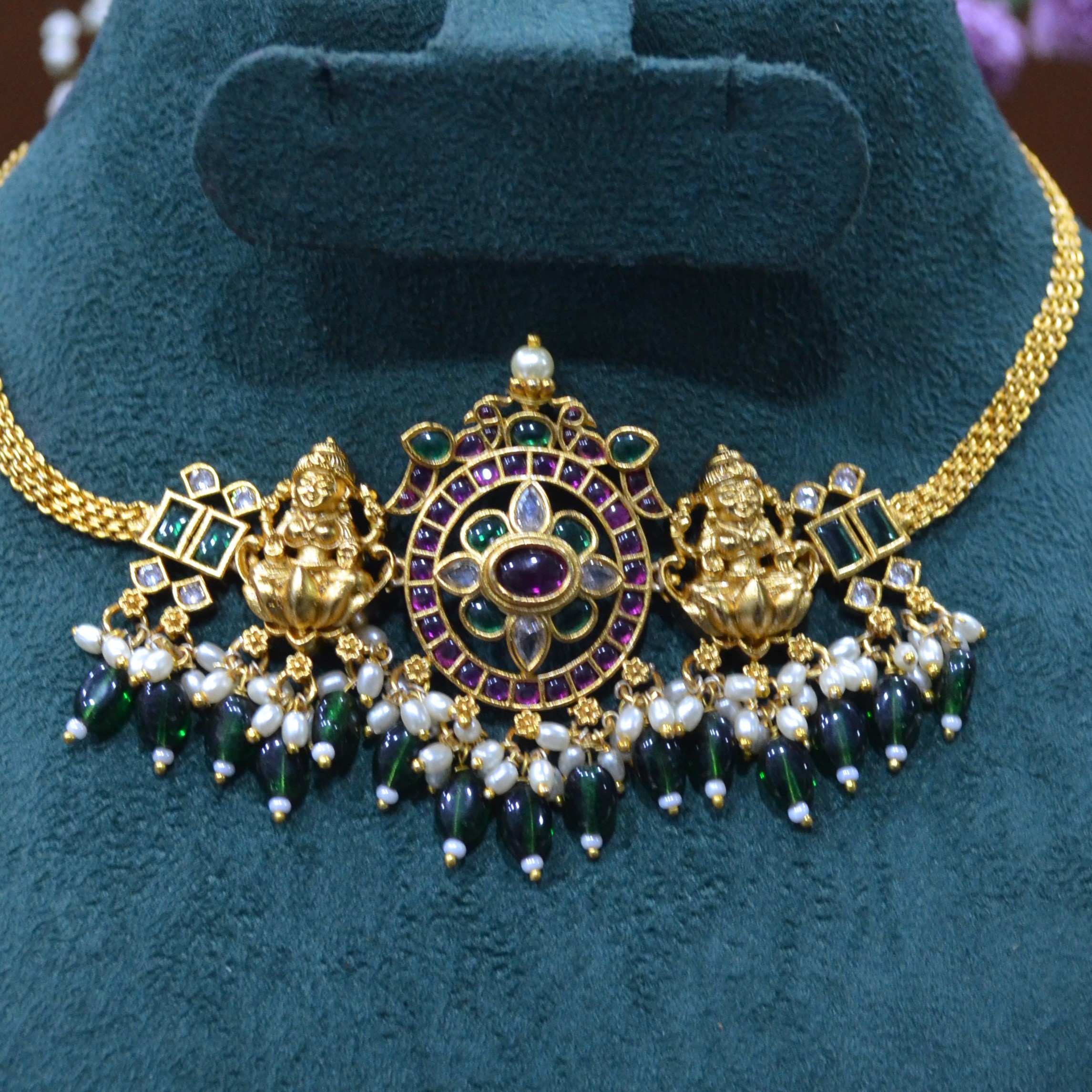 The Nila Gold Plated Antique Choker with Jhumkas