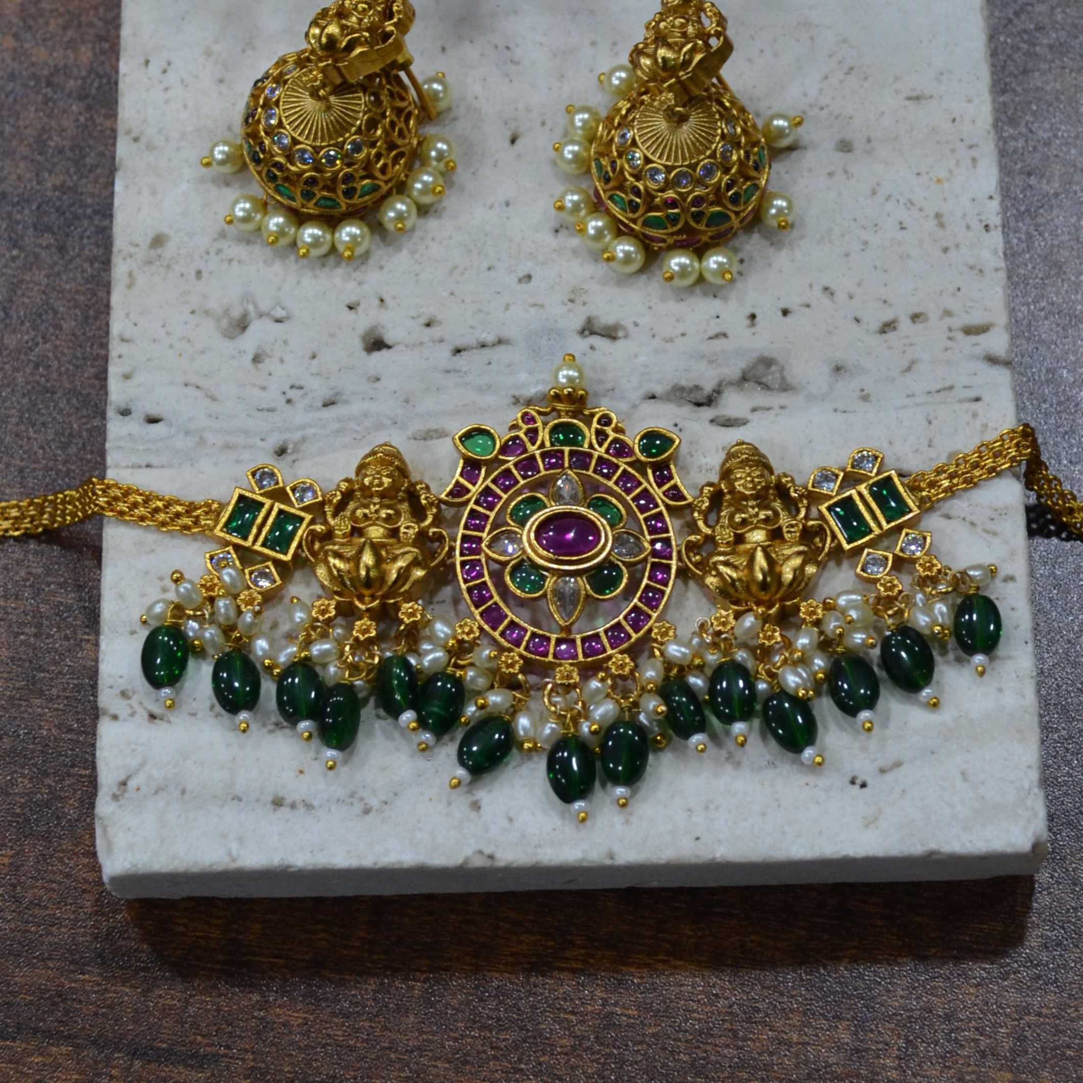 The Nila Gold Plated Antique Choker with Jhumkas