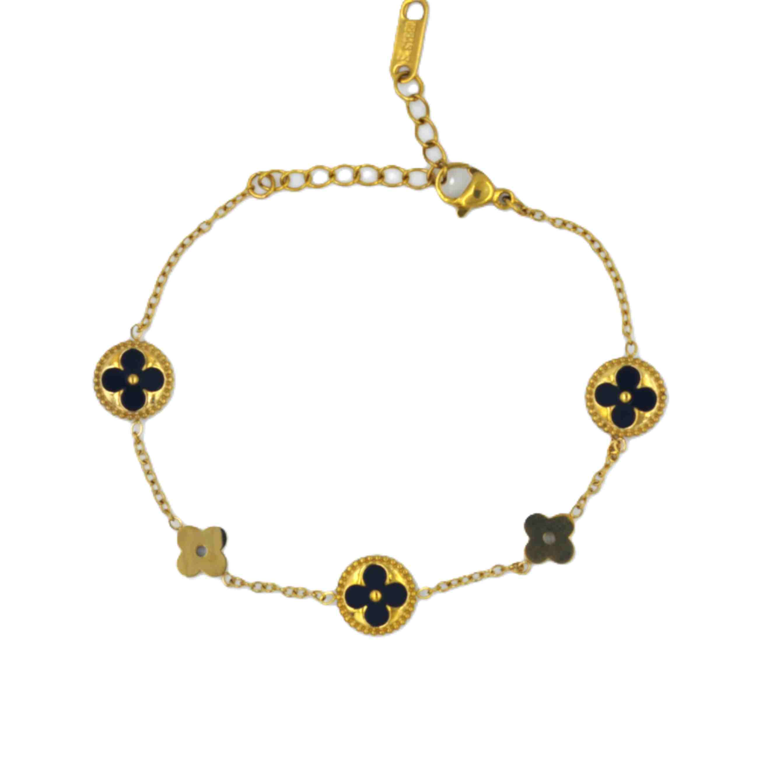 The Nila Gold Plated Black and White Enamel Clover Bracelet chain