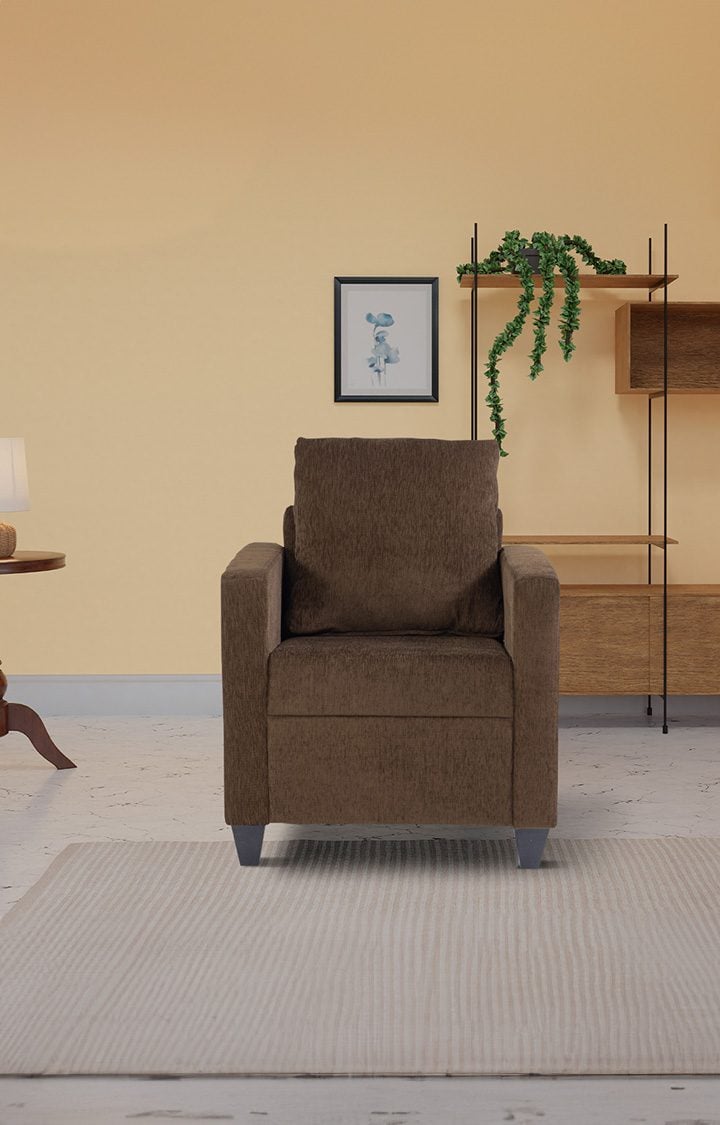 neudot Saya Sofa for Living Room | 1 Persons Sofa| Premium Fabric with Cushioned Armrest | 12 Months Warranty| Solid Wood Frame| 1 Seater in Saya Brown Color
