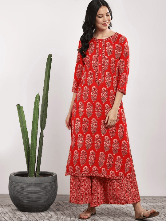 Women Red Printed Kurta with Palazzos