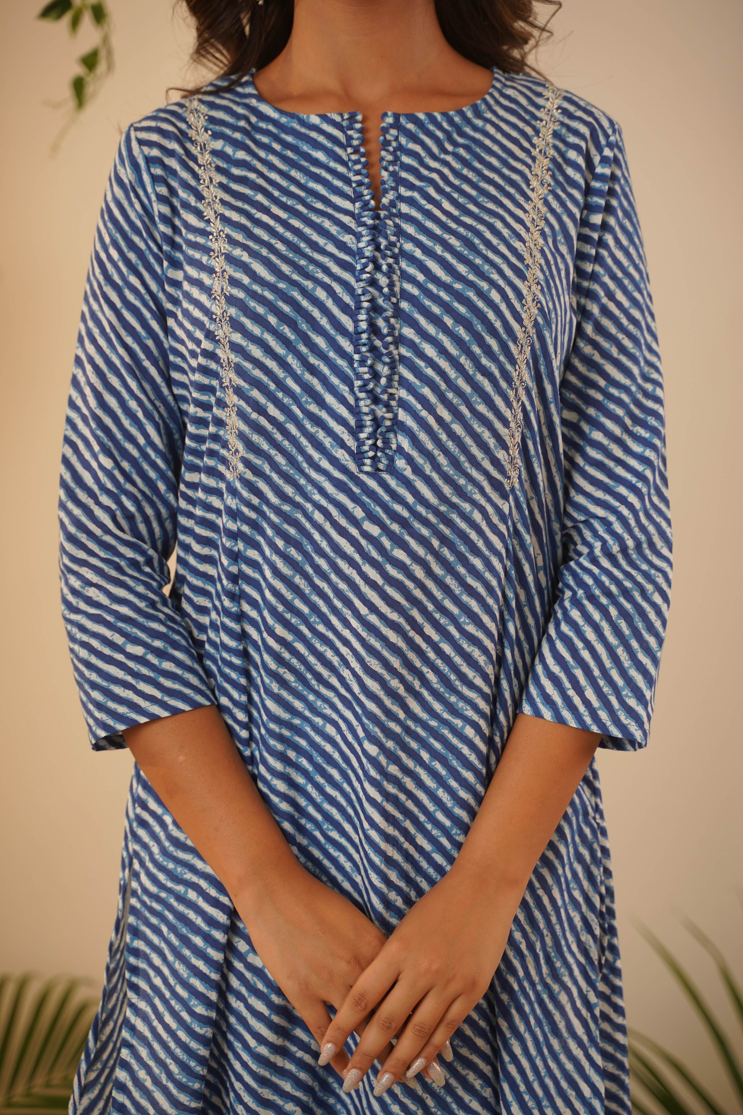 Blue Leheriya High-Low Kurta Set