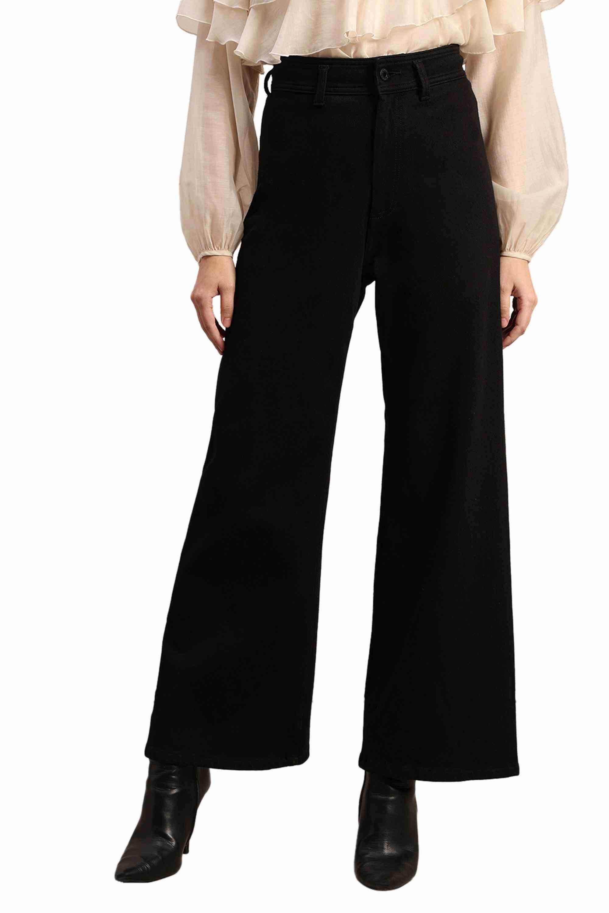 Solid Cotton Wide Leg Fit Women's Jeans