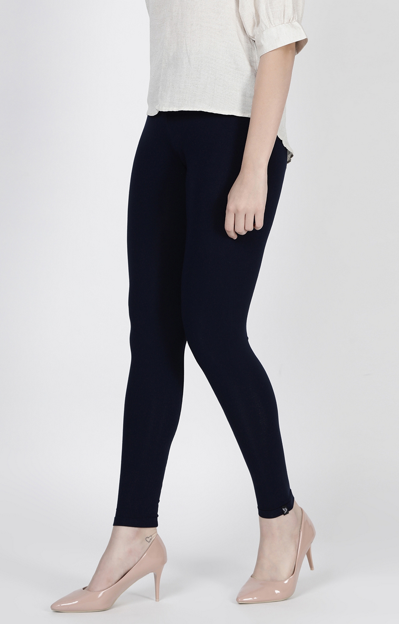 Twinbirds Navy Blue Solid Ribbon Ankle Legging